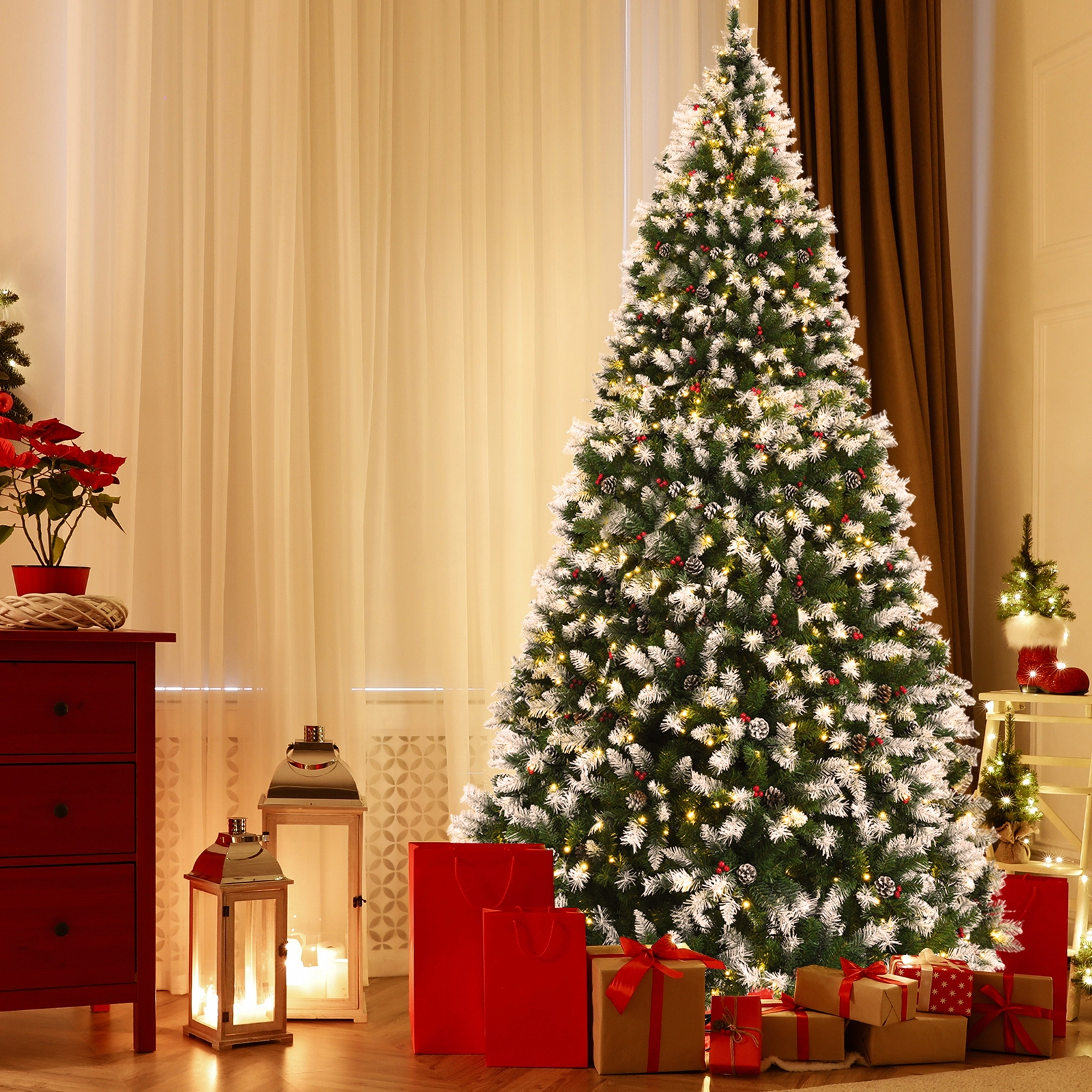 Glintex 9-Ft Pre-Lit Flocked Christmas Tree with 900 LEDs and 4 Sections, Green