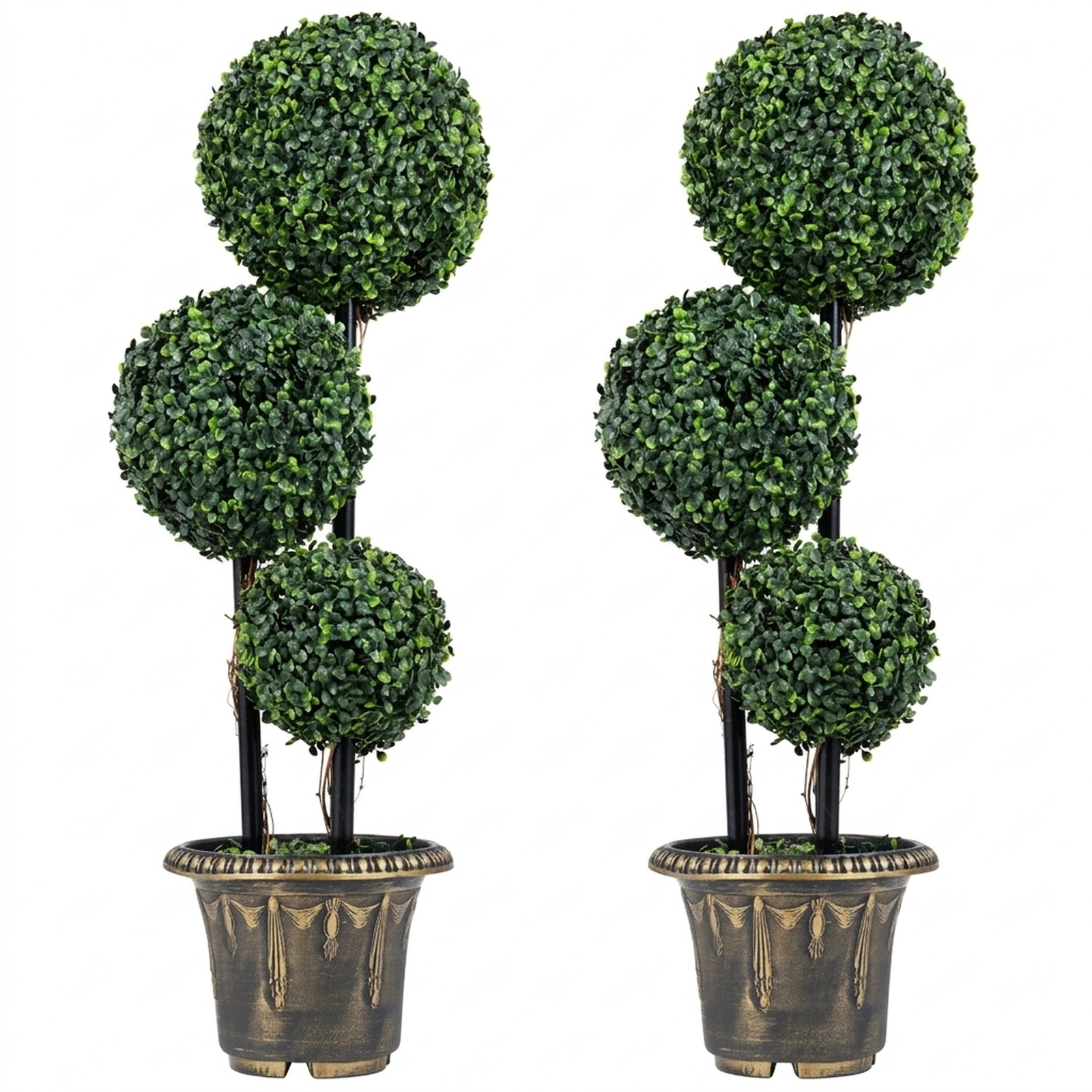 SUGIFT Layered Triple-Ball Artificial Boxwood Topiary Trees Set of 2 29-in Height Green Black Golden