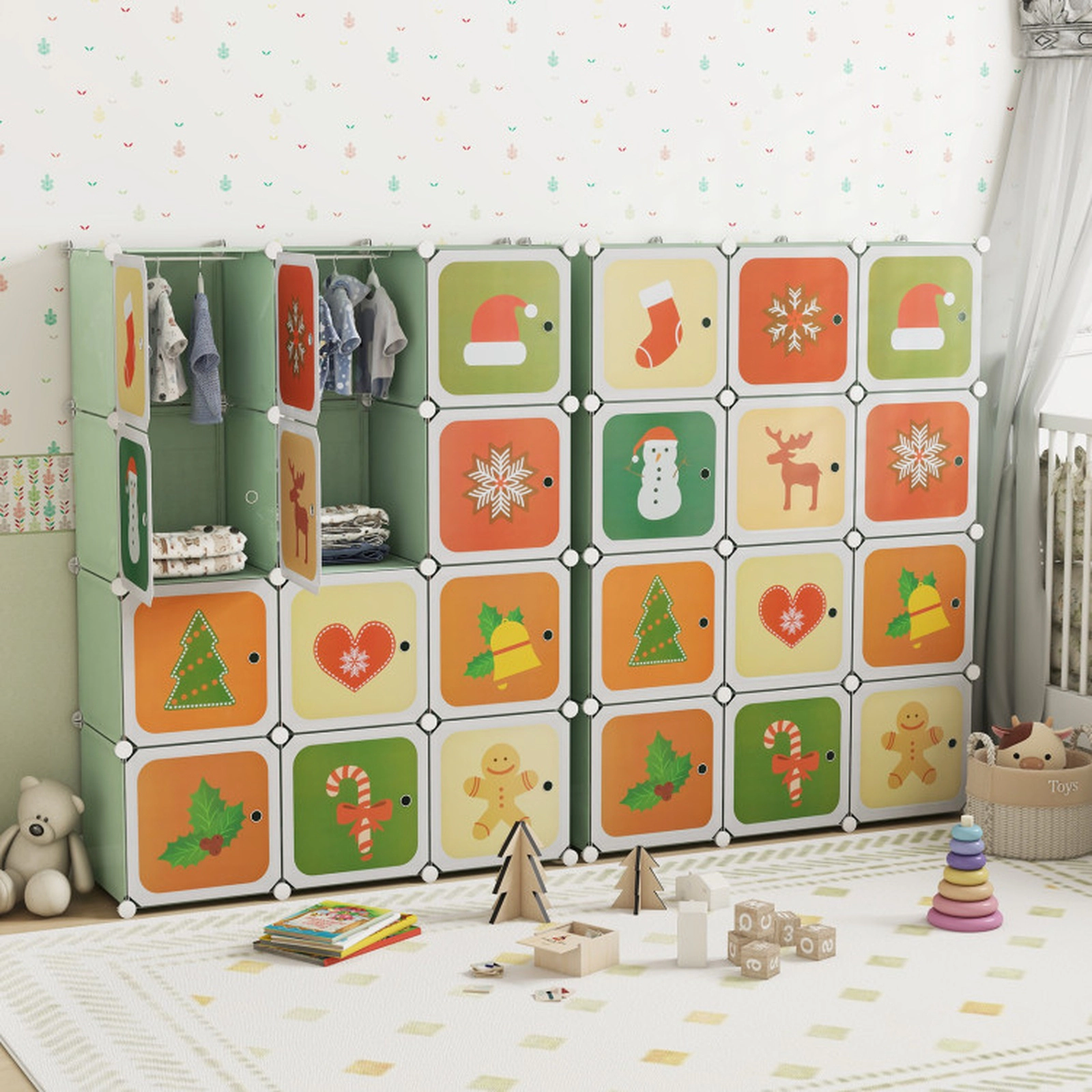 SUGIFT Kids 12-Cube Holiday Print Doors Hanging Section Wardrobe Closet 43-in x 14-in x 57-in 22-lb per Cube Green