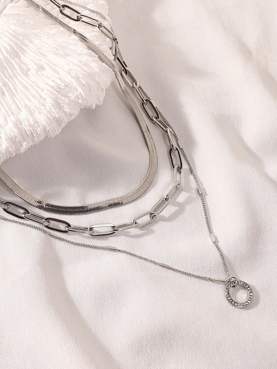 SOHI Women's Metallic Silver the Halo Snakechain Multi-Layer Necklace
