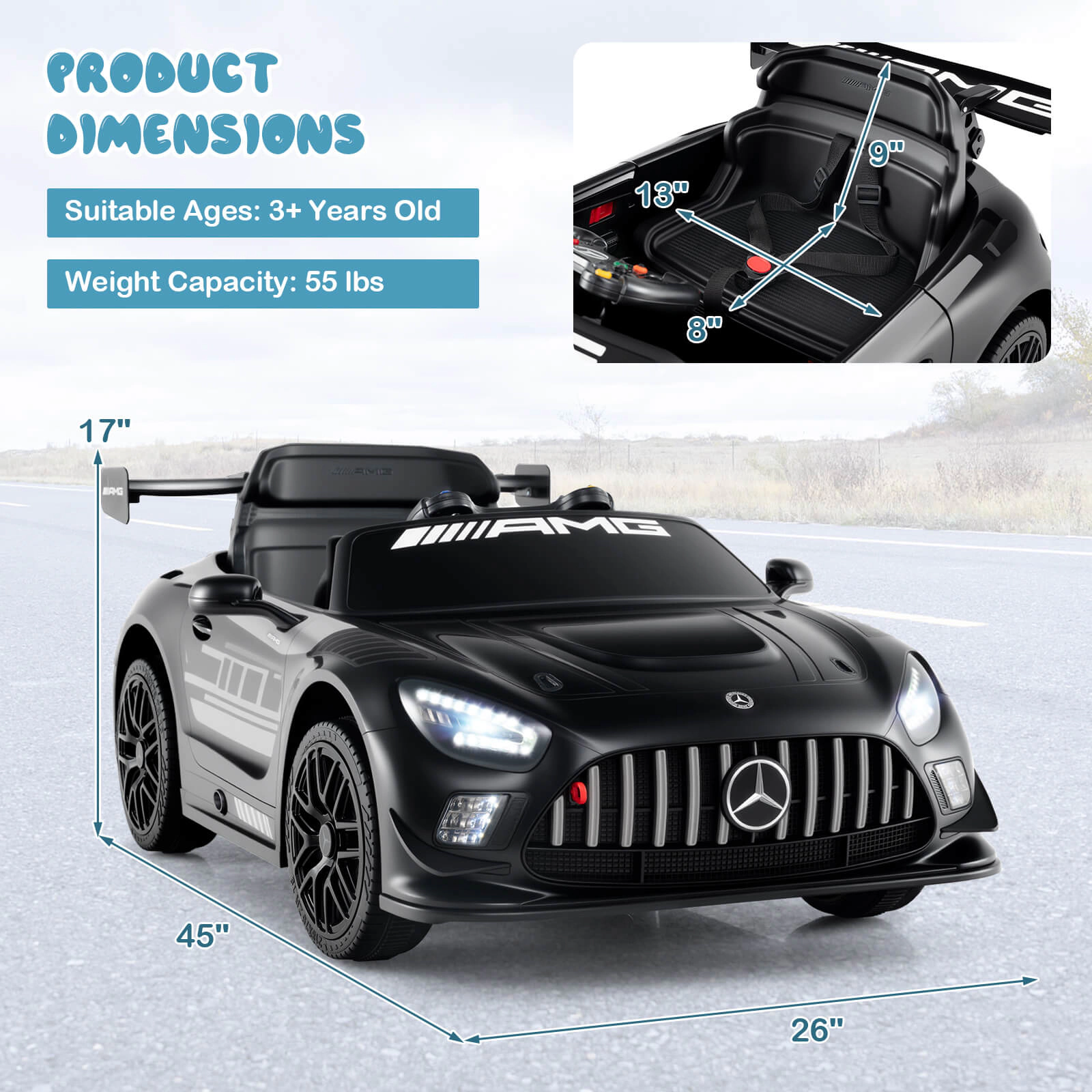 Costway Ride on Car Licensed Mercedes-AMG GT3 Kids with Remote Control 3 Speeds Black