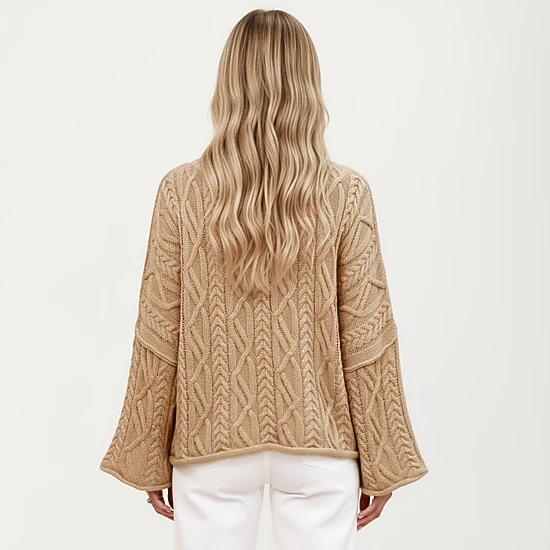 Anna-Kaci Women's Cable Knit Pullover Sweater with Relaxed Fit and Wide Cuff Sleeves