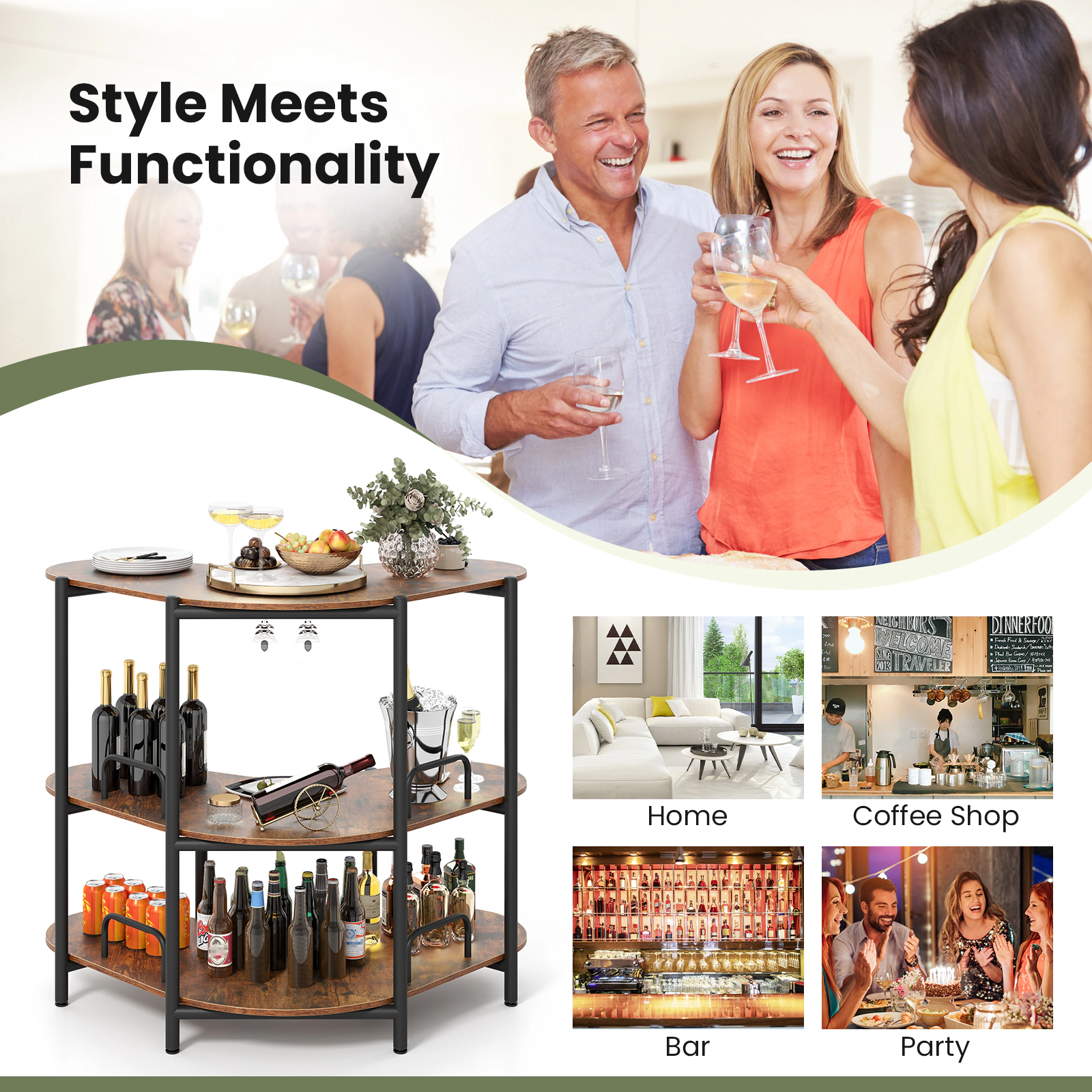 SUGIFT 3-Tier Liquor Bar Table Rustic Brown with Stemware Racks and Storage Shelves