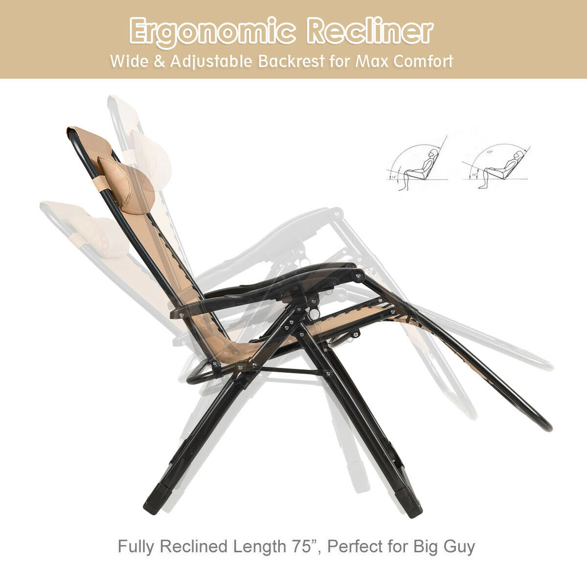 Hivvago Oversize Lounge Chair Patio Heavy Duty Folding Recliner