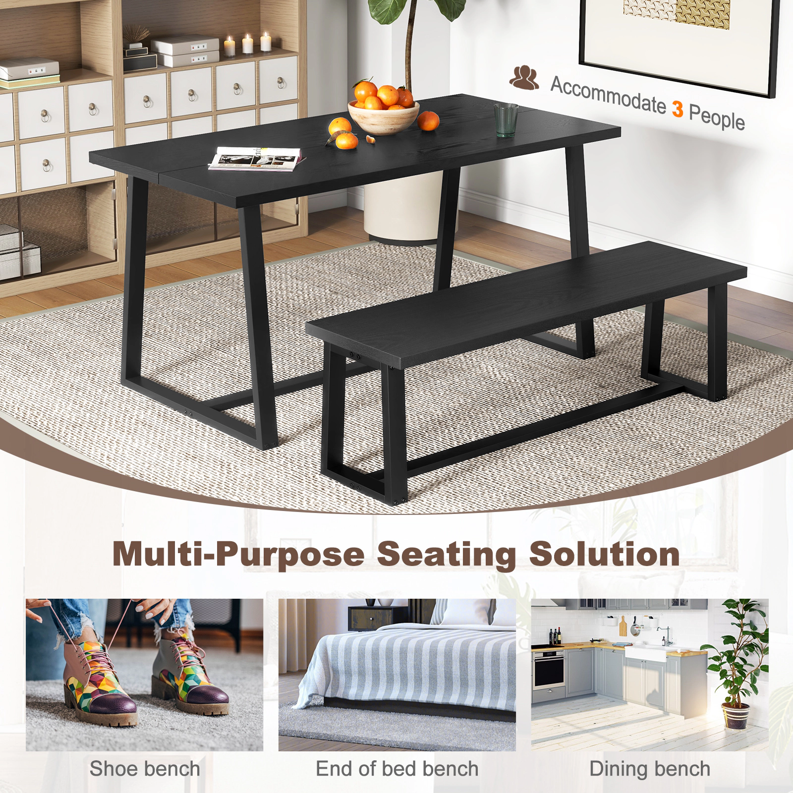 SlickBlue Unisex Acacia Wood Dining Bench, Black Storage Entryway Seat