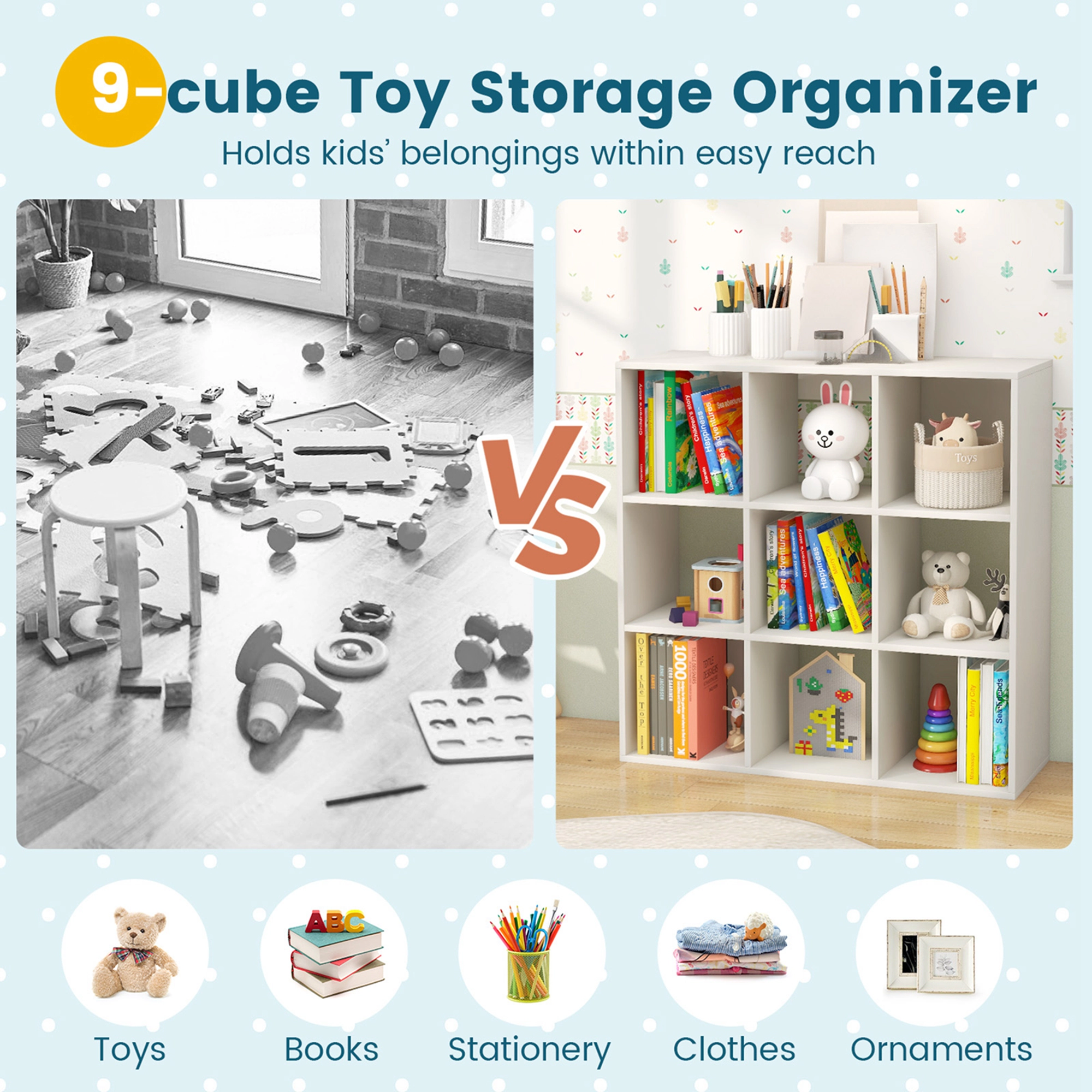 Costway 9-Cube Kids Toy Storage Organizer Wooden Children's Bookcase Display Bookshelf