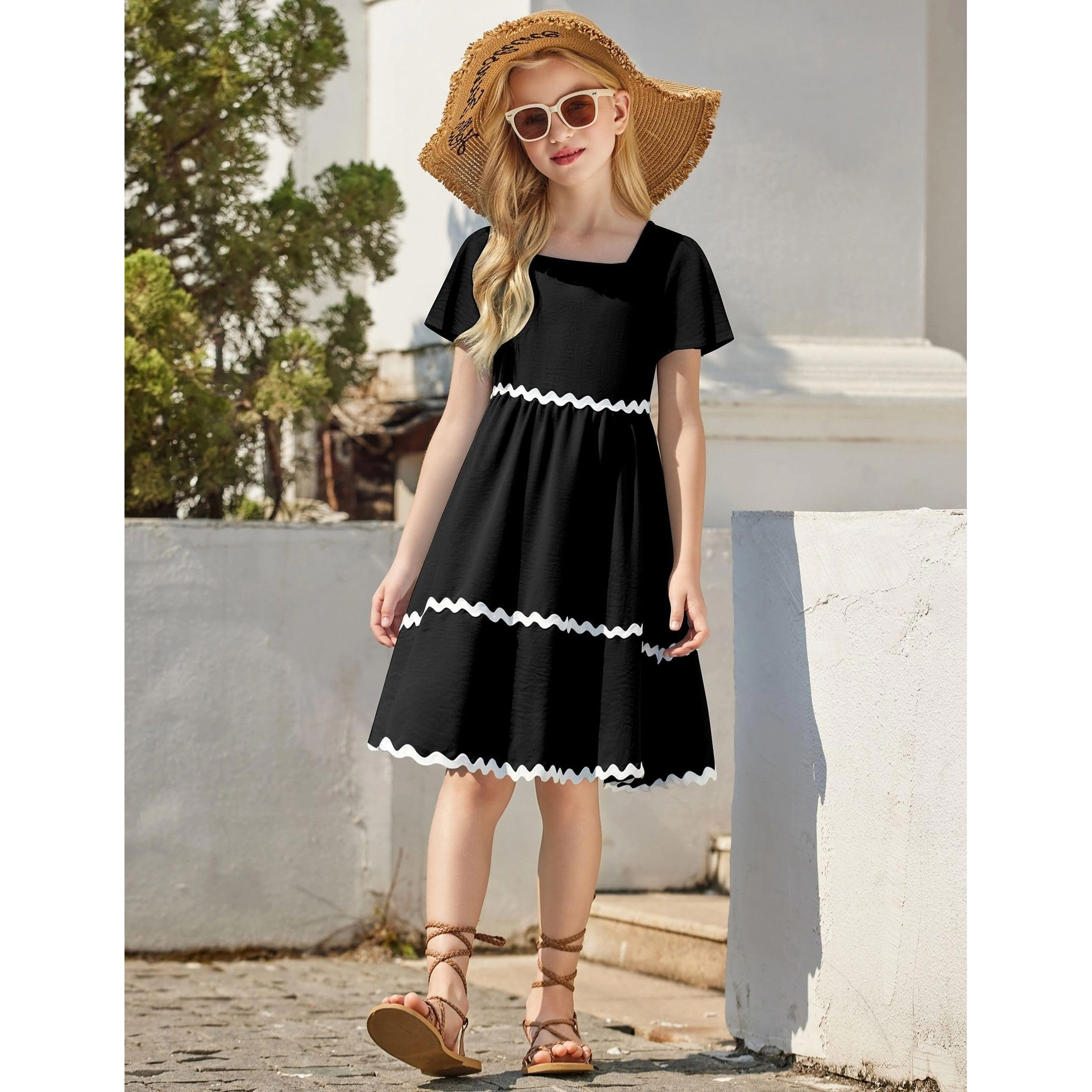 Arshiner Girls Summer Dress Flutter Ric Rac Tiered Short Sleeve Square Neck Casual Midi Dresses