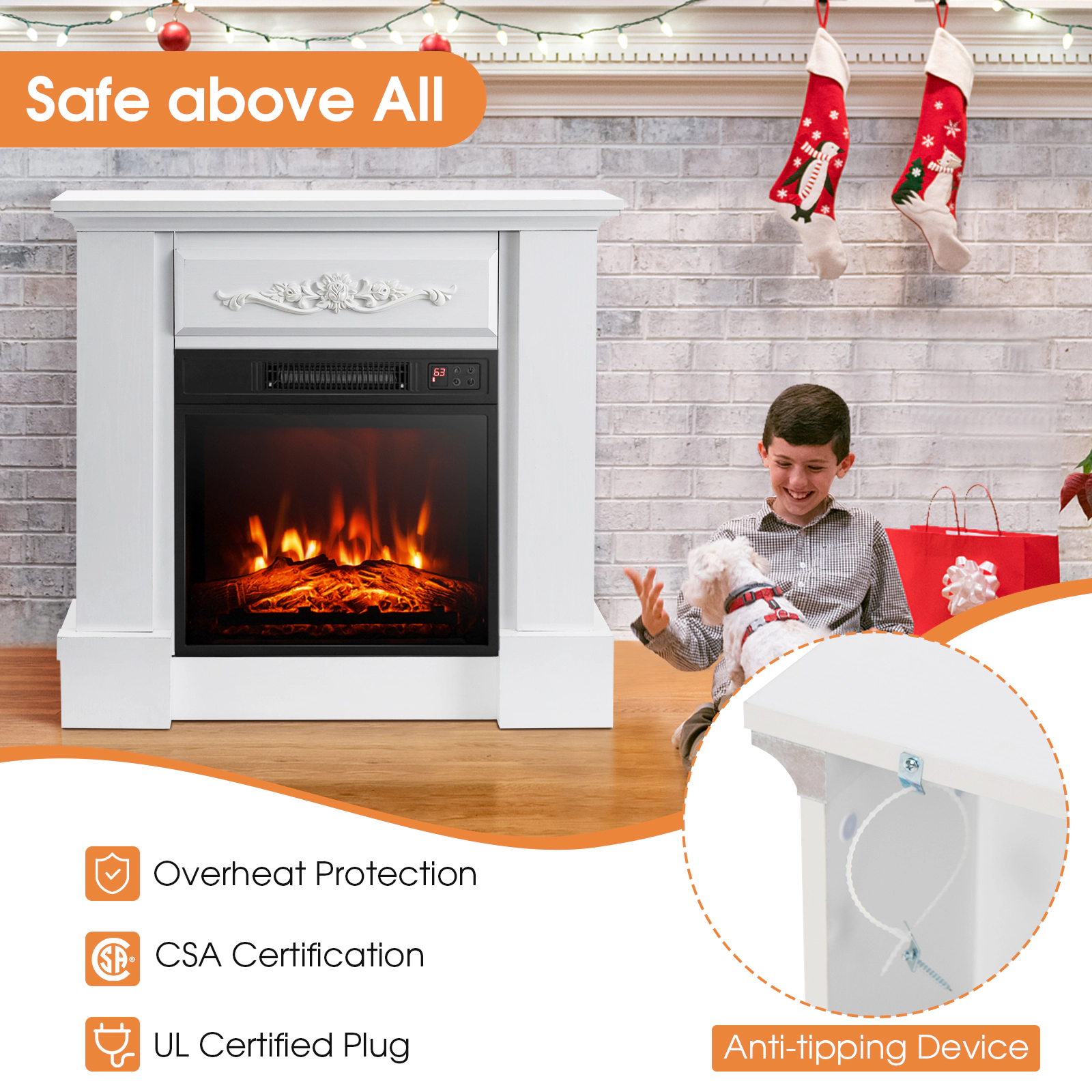 SUGIFT 1400W 4650-BTU White TV Stand Electric Fireplace Mantel with 3D Flame Effect and Anti-Tipping Device