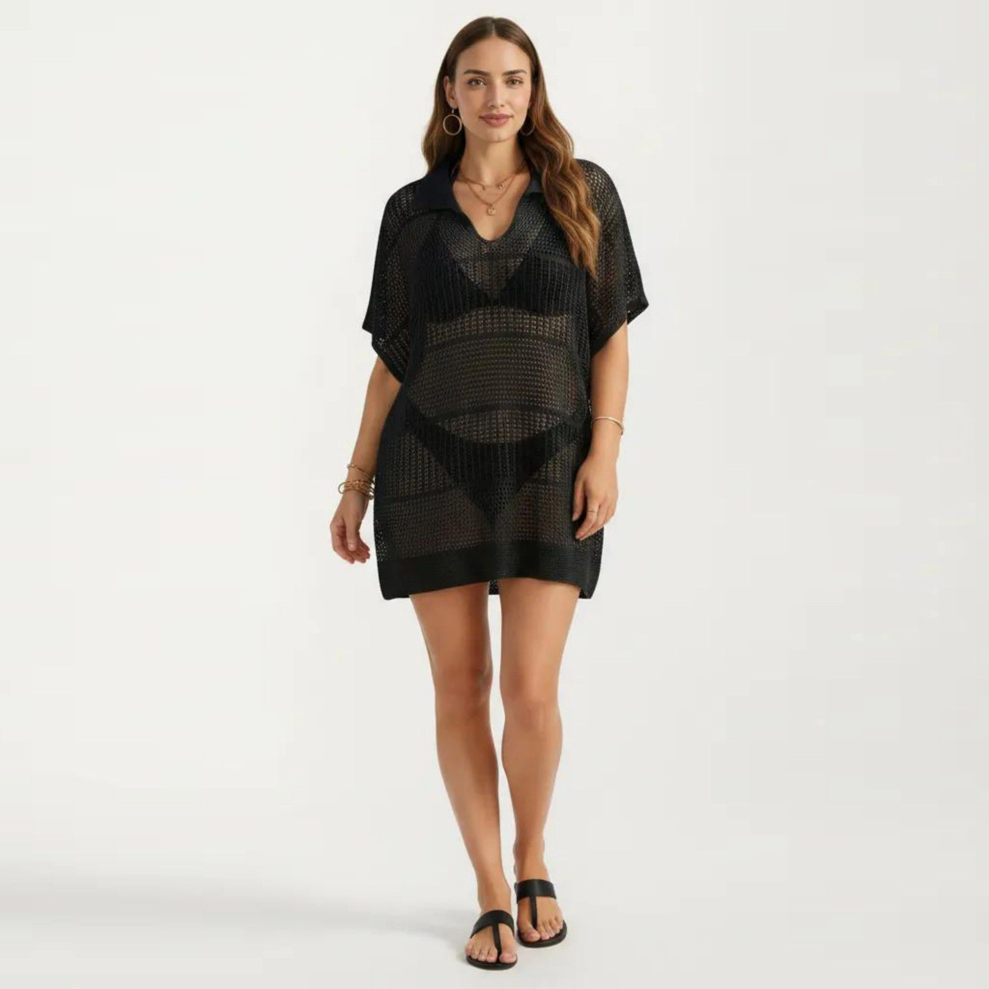 Anna-Kaci Women's Mesh Open Knit Collared Neck Short Sleeve Relaxed Fit Swim Cover Up Dress