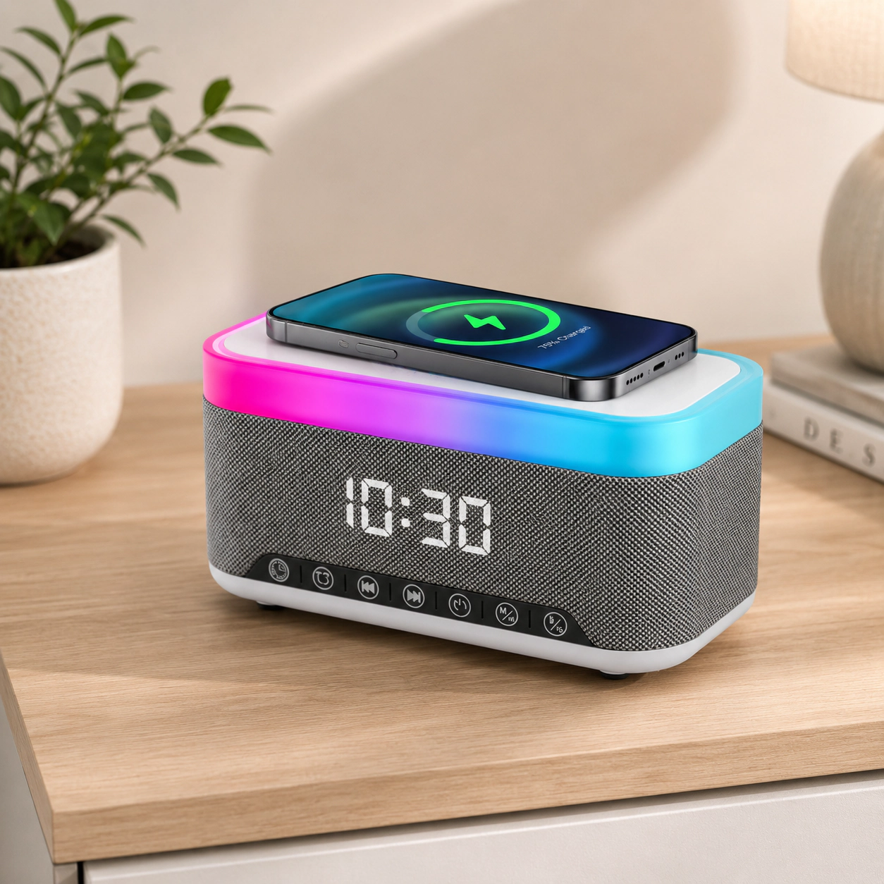Pursonic Unisex Smart Multifunction Bluetooth Alarm Clock with Wireless Charger & Speaker