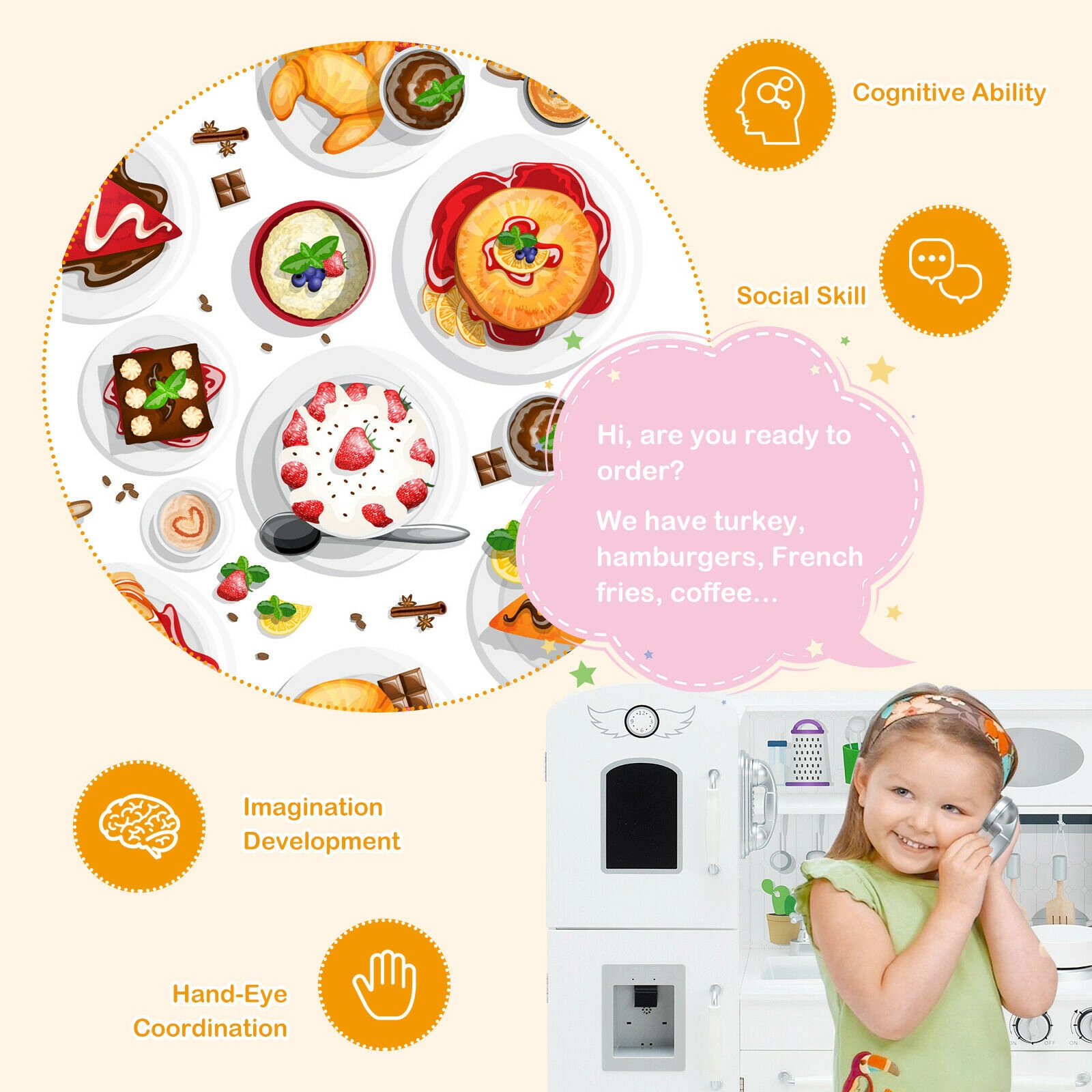 Kids Play Kitchen Water Dispenser Removable Sink Snap-On Doors 31-in Wide Kitchen Toy Set for Two Children Ages 3+ White