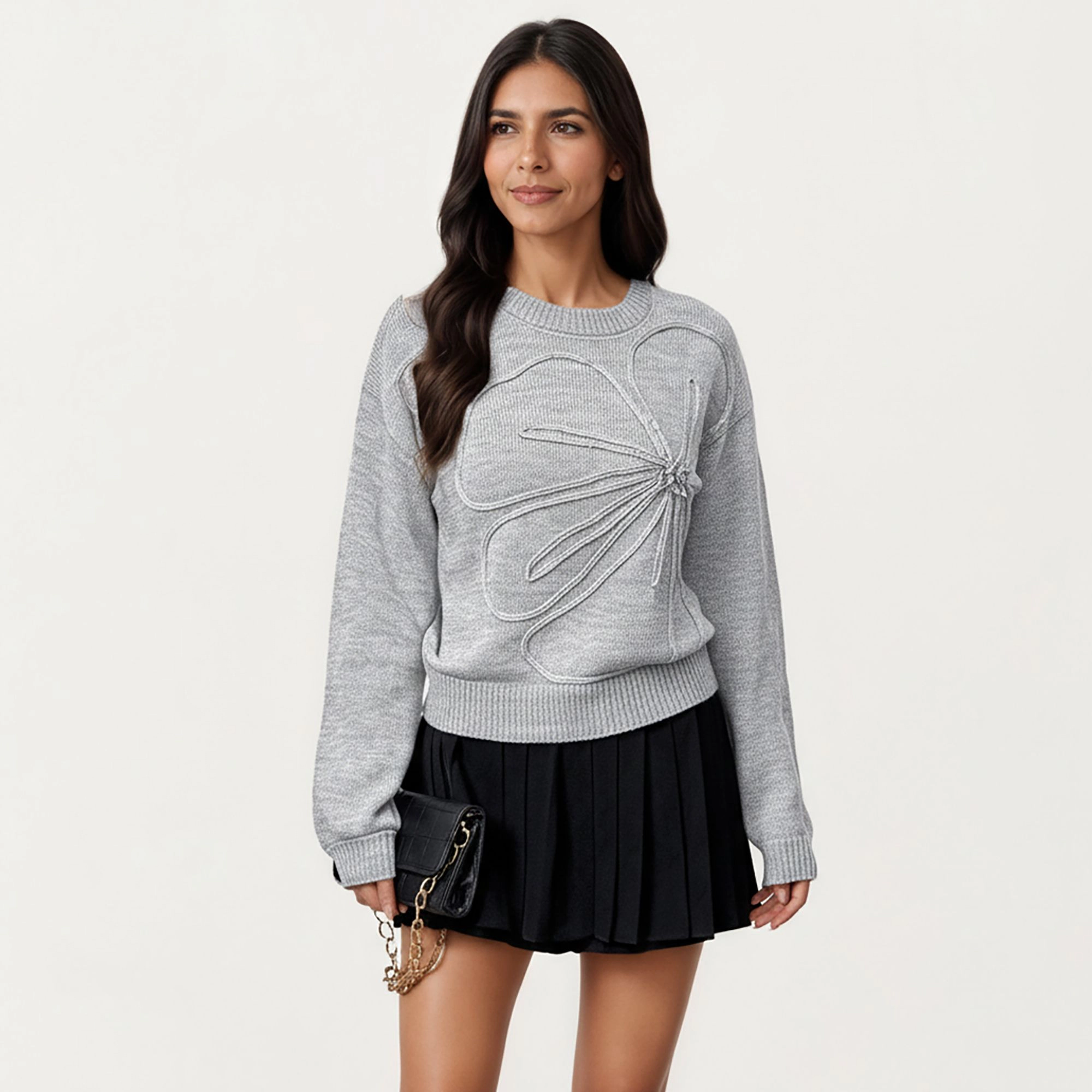 Anna-Kaci Women's Long Sleeve Knit Top with Dimensional Ribbon Design and Soft Textured Fabric for Stylish Everyday Wear