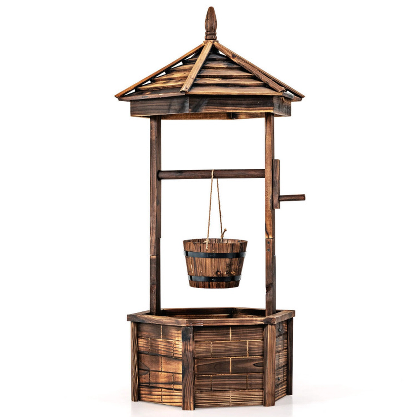 SUGIFT Brown Rustic Fir Wood Wishing Well Planter with Hanging Bucket 24.5-in W 24.5-in D 49-in H 21-in Base