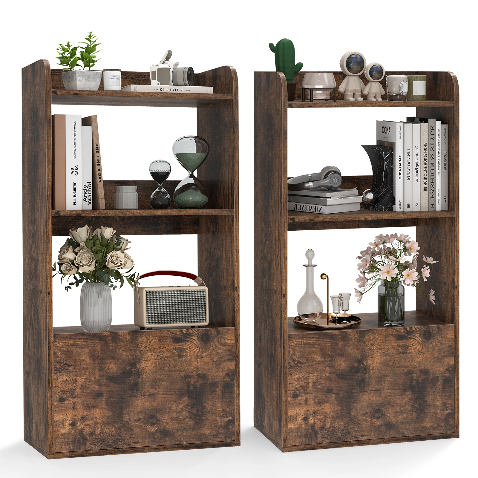 Costway 2PCS Bookcase w/ Drawer 3-Tier Open Shelf Anti-Toppling Kits for Living Room Coffee