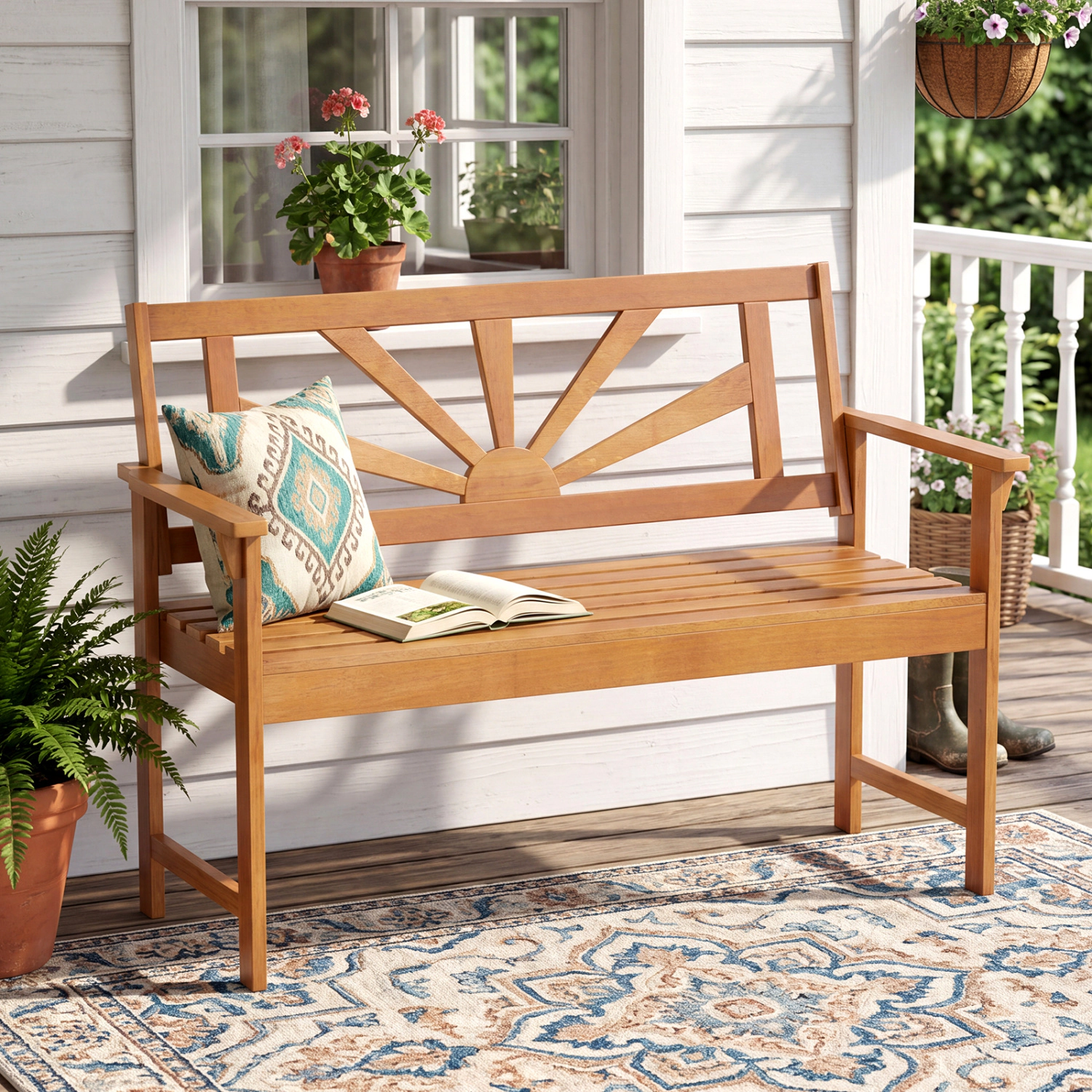 LJG 2-Seater Acacia Wood Loveseat Bench with Backrest and Armrests for Patio