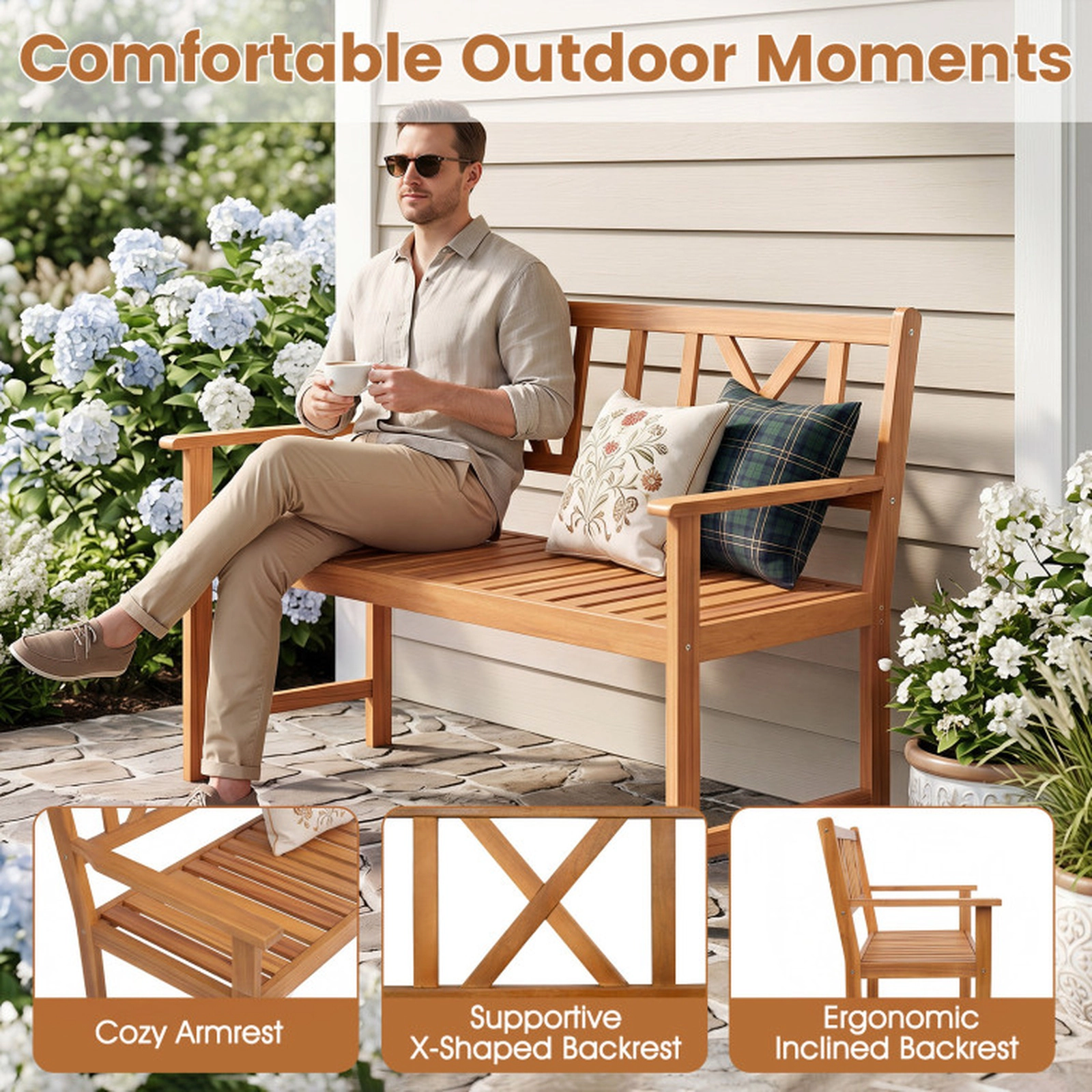 SUGIFT 2-Person Acacia Wood Patio Garden Bench with Armrests and X-Shaped Backrest 800-lb Capacity Natural