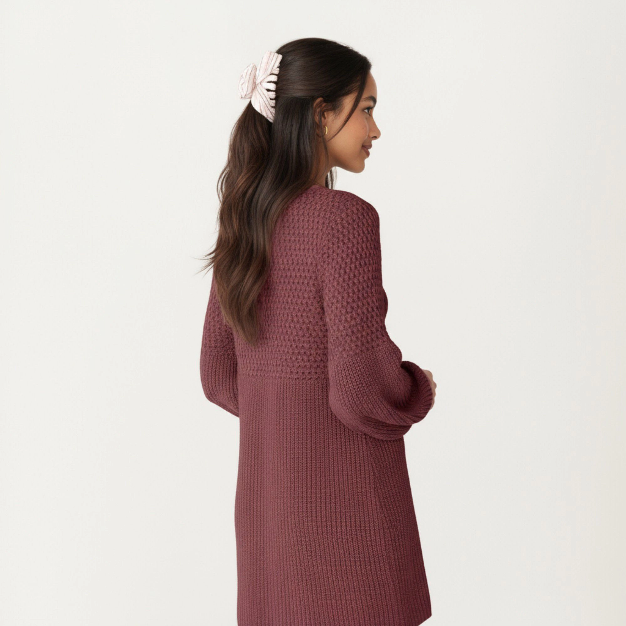 Anna-Kaci Women's Long Sleeve Knit Textured Bodice Balloon Sleeves Sweater Dress
