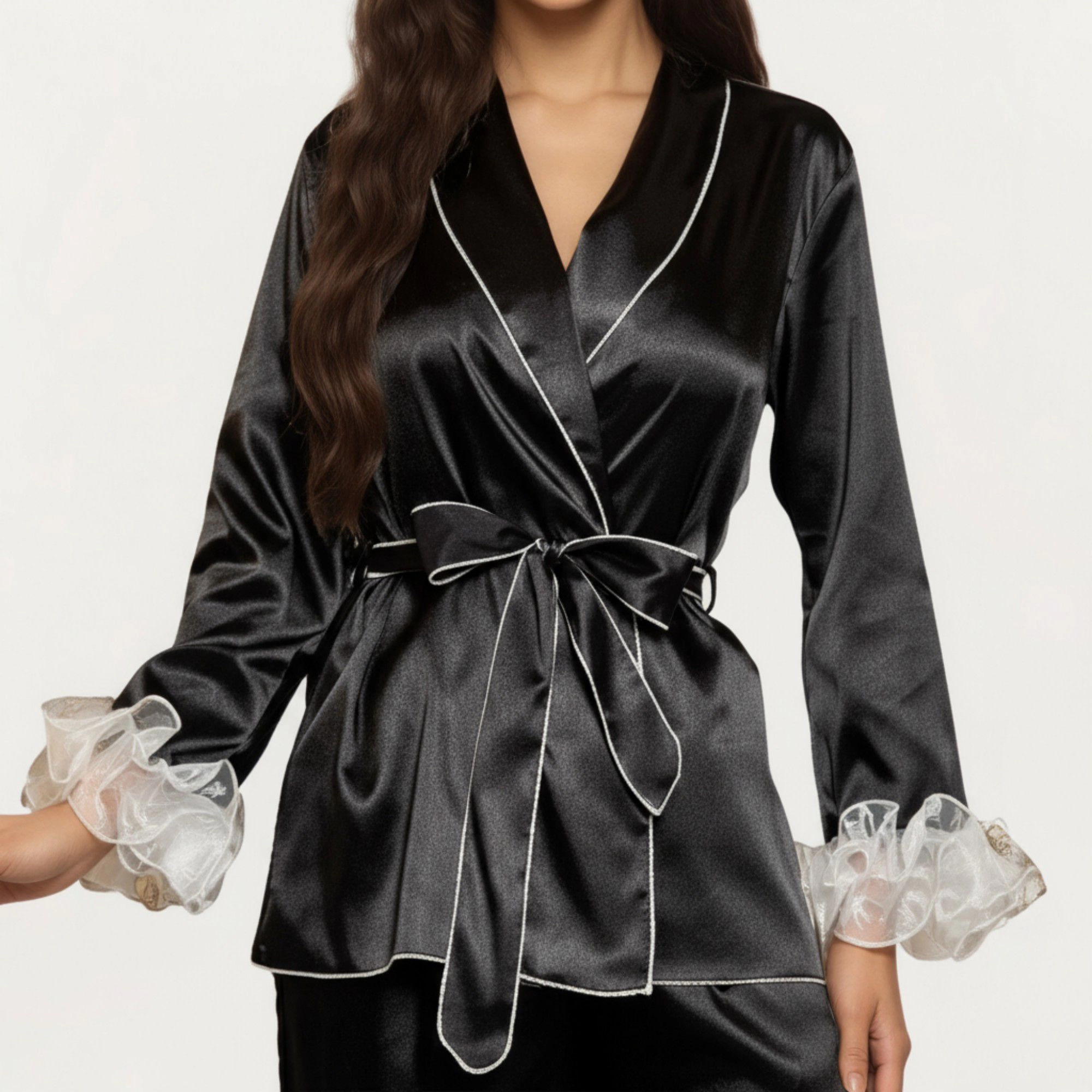 Anna-Kaci Women's 2-Piece Satin Wrap Long Sleeve Feather Trim Top and Straight Leg Pants