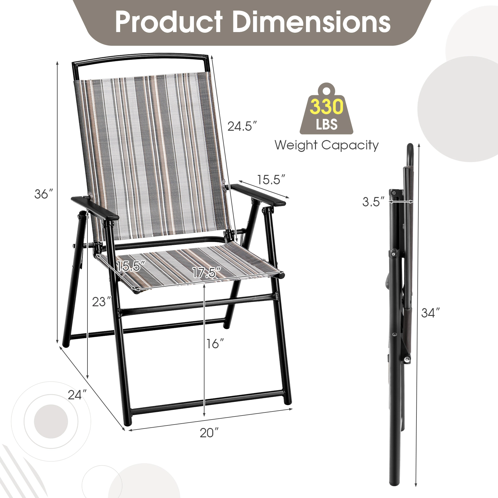 SUGIFT Set of 2 Space-Saving Patio Folding Sling Dining Chairs 330-Lb Capacity 24 x 20 x 36 in Gray