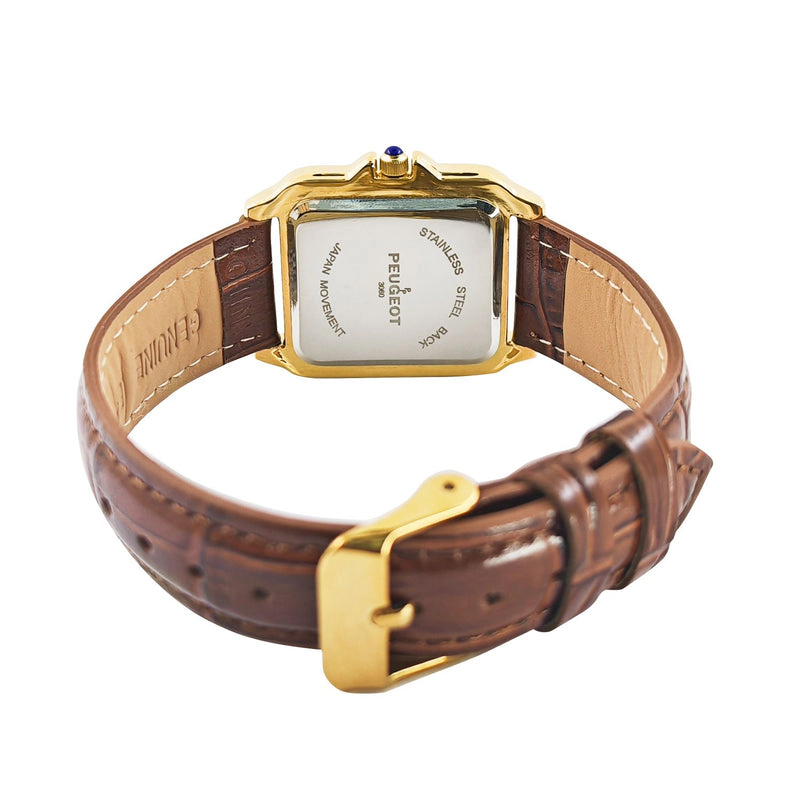 Peugeot Women's 14K Gold-Plated 32mm Tank Shape Brown Leather Strap Watch