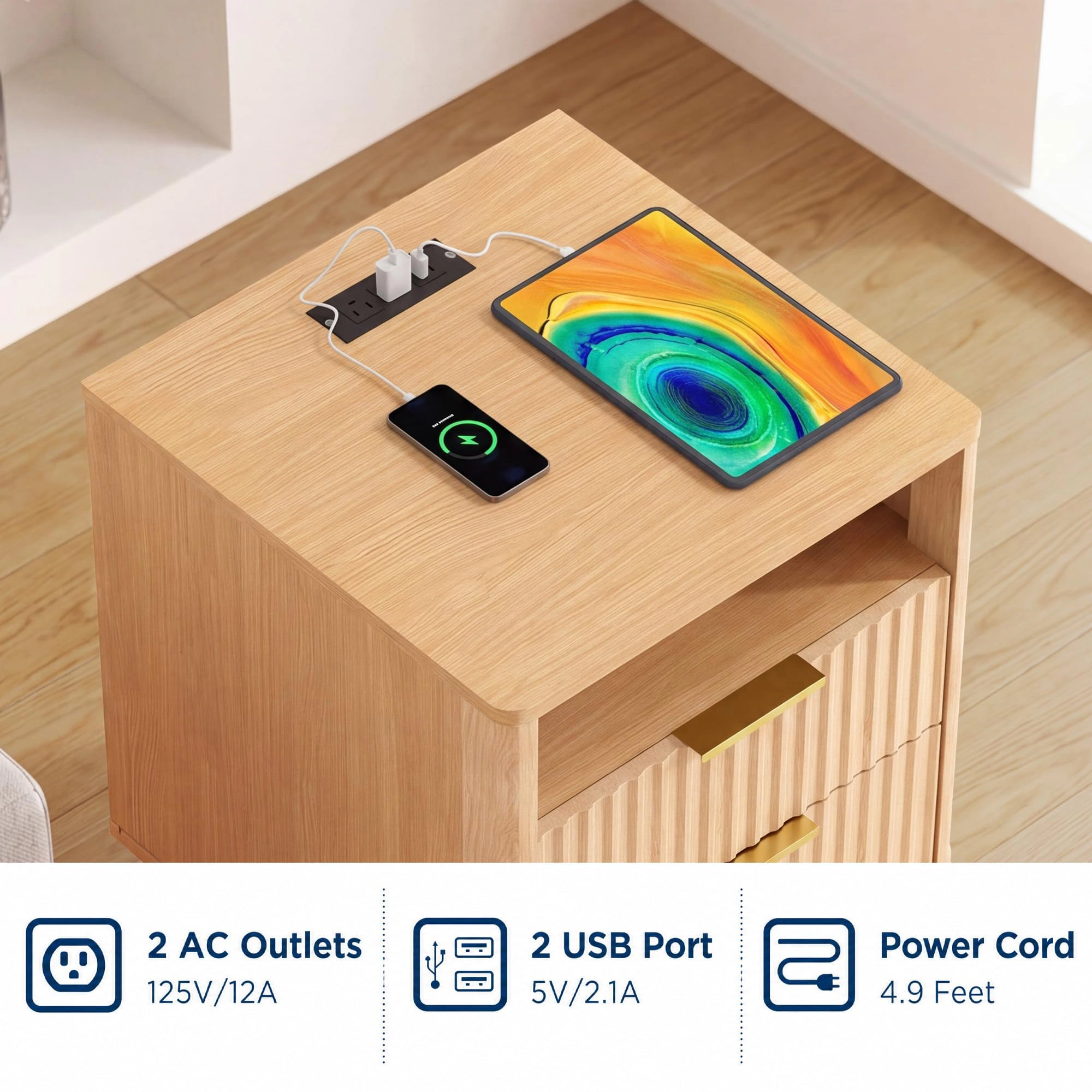 BebreezChic Fluted Nightstand with Charging Station, 2-Drawer Bedside Table with Open Shelf, 2 AC Outlets