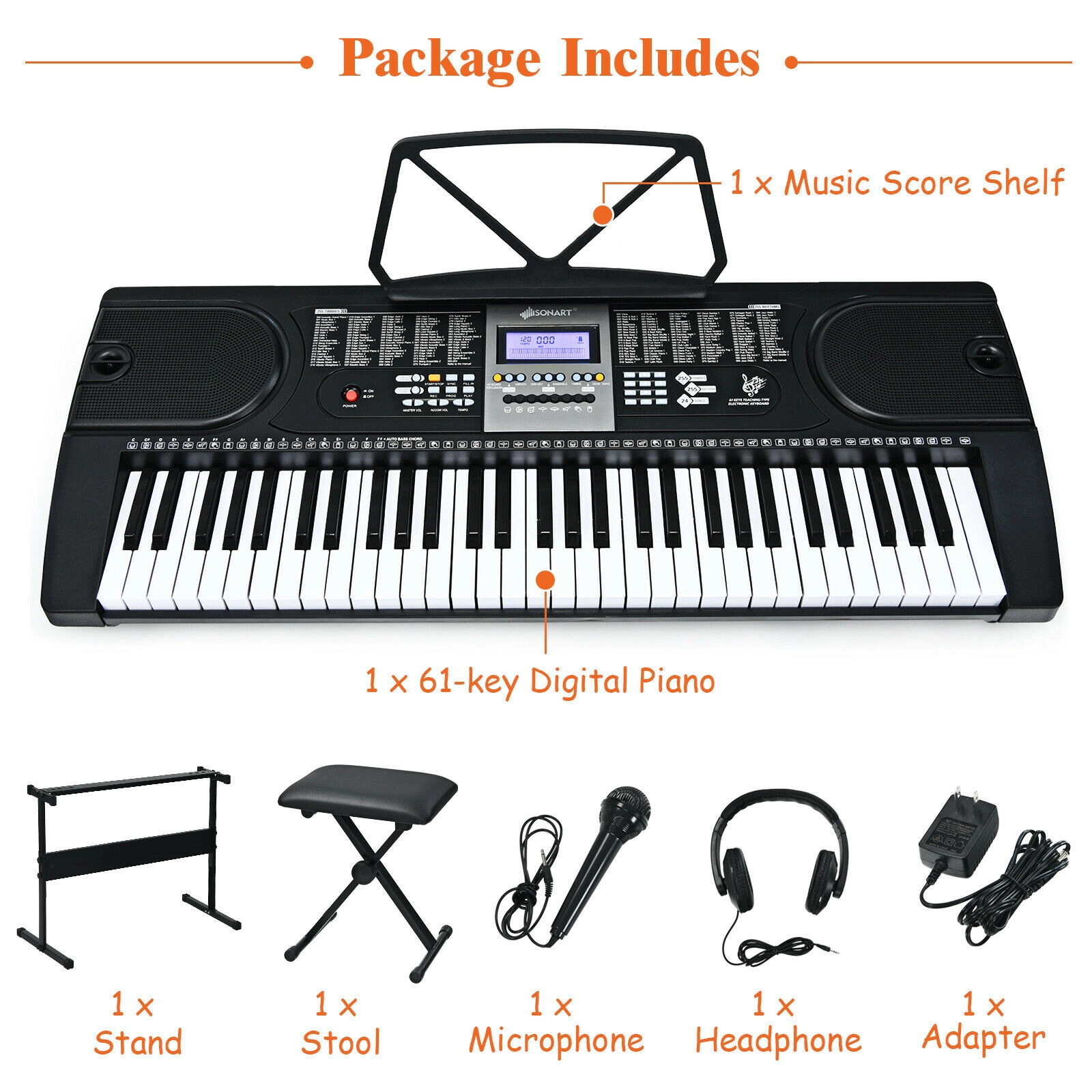 SUGIFT 61-Key 330-lb Stool Capacity Electronic Keyboard Piano with 3-Height Stand and 61 Light-Up Keys