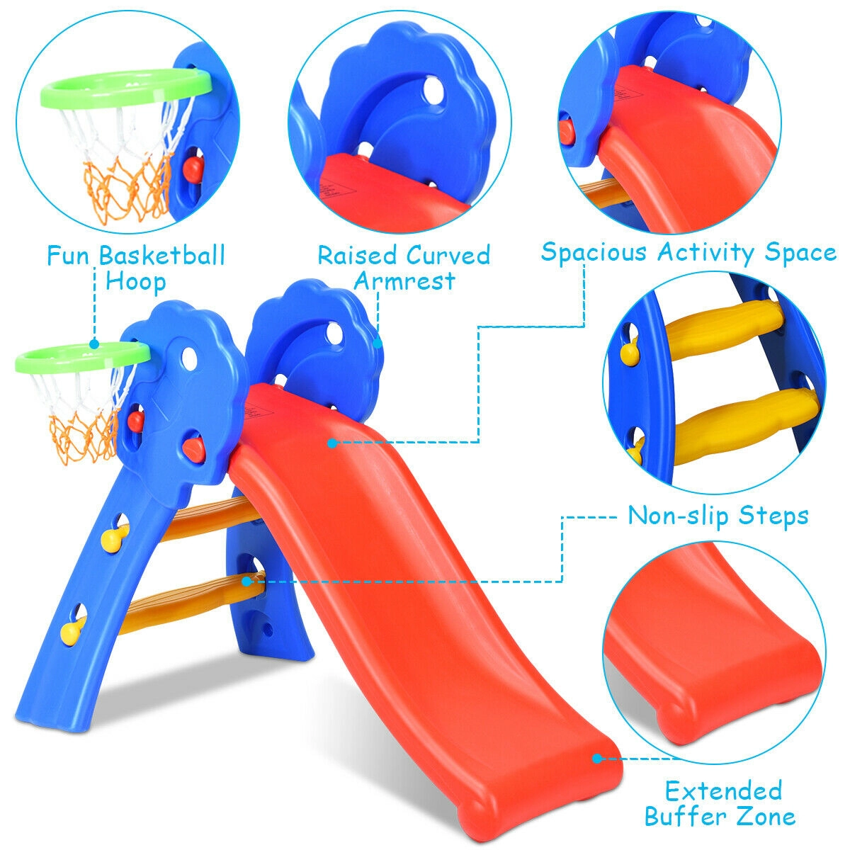 SUGIFT 110-lb Capacity 2-Step Folding Kids Plastic Slide with Basketball Hoop and Non-Slip Ladder
