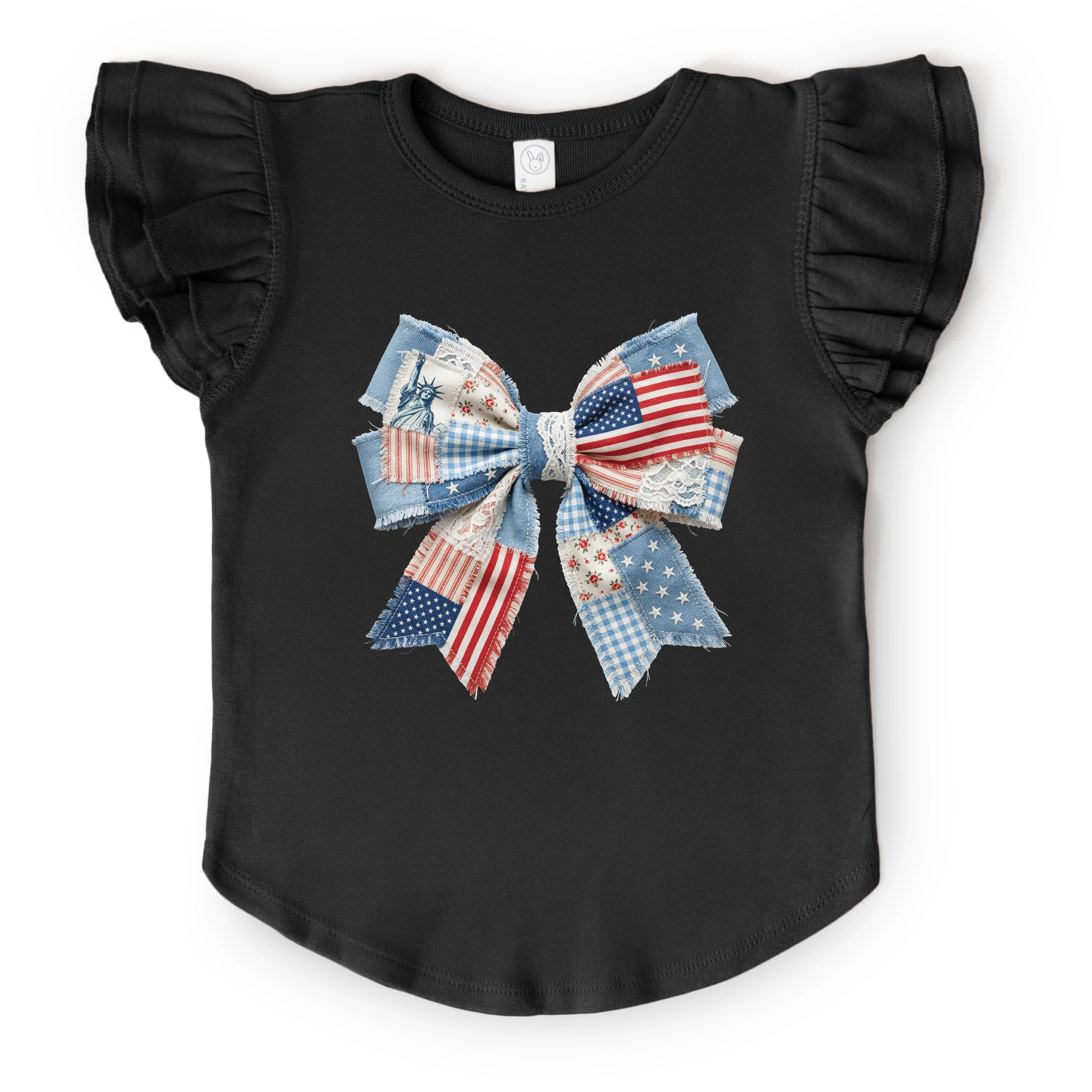 The Juniper Shop - Patriotic Bow Faux Denim Patchwork Flutter Sleeve Graphic T-Shirt