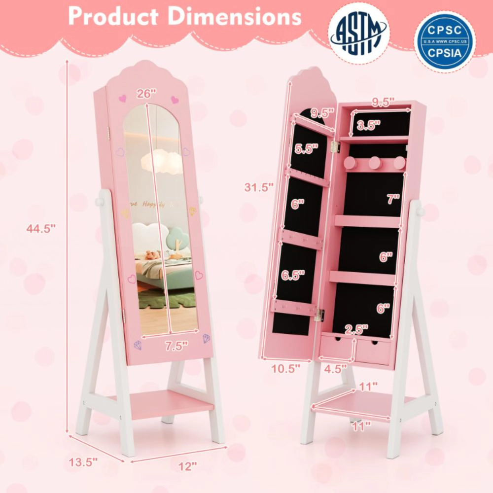 Hivvago Kids Jewelry Organizer With Full Length Mirror Drawers And Storage Shelves