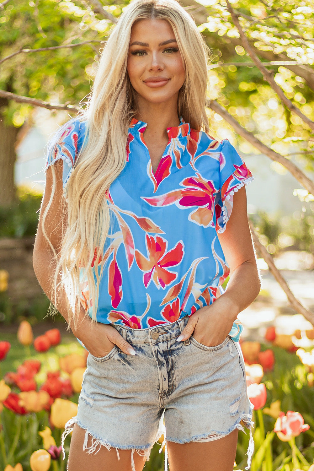 Threaded Pear Women's Vada Floral Pompom Trim Flutter Sleeve Blouse