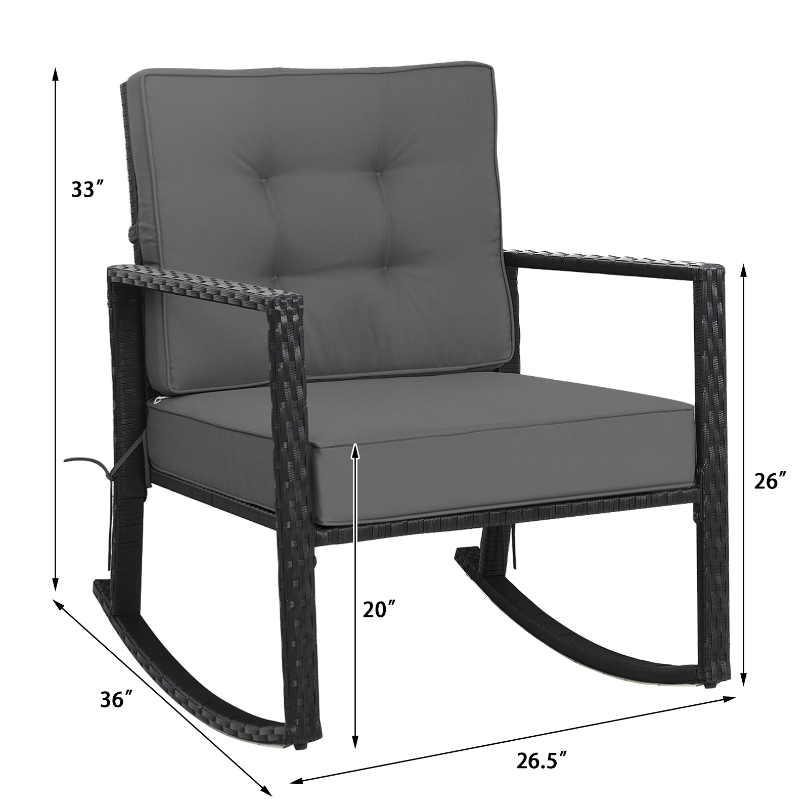 SUGIFT Black Rattan Outdoor Rocking Chair, 5-Inch Cushion, 360-Lb Capacity
