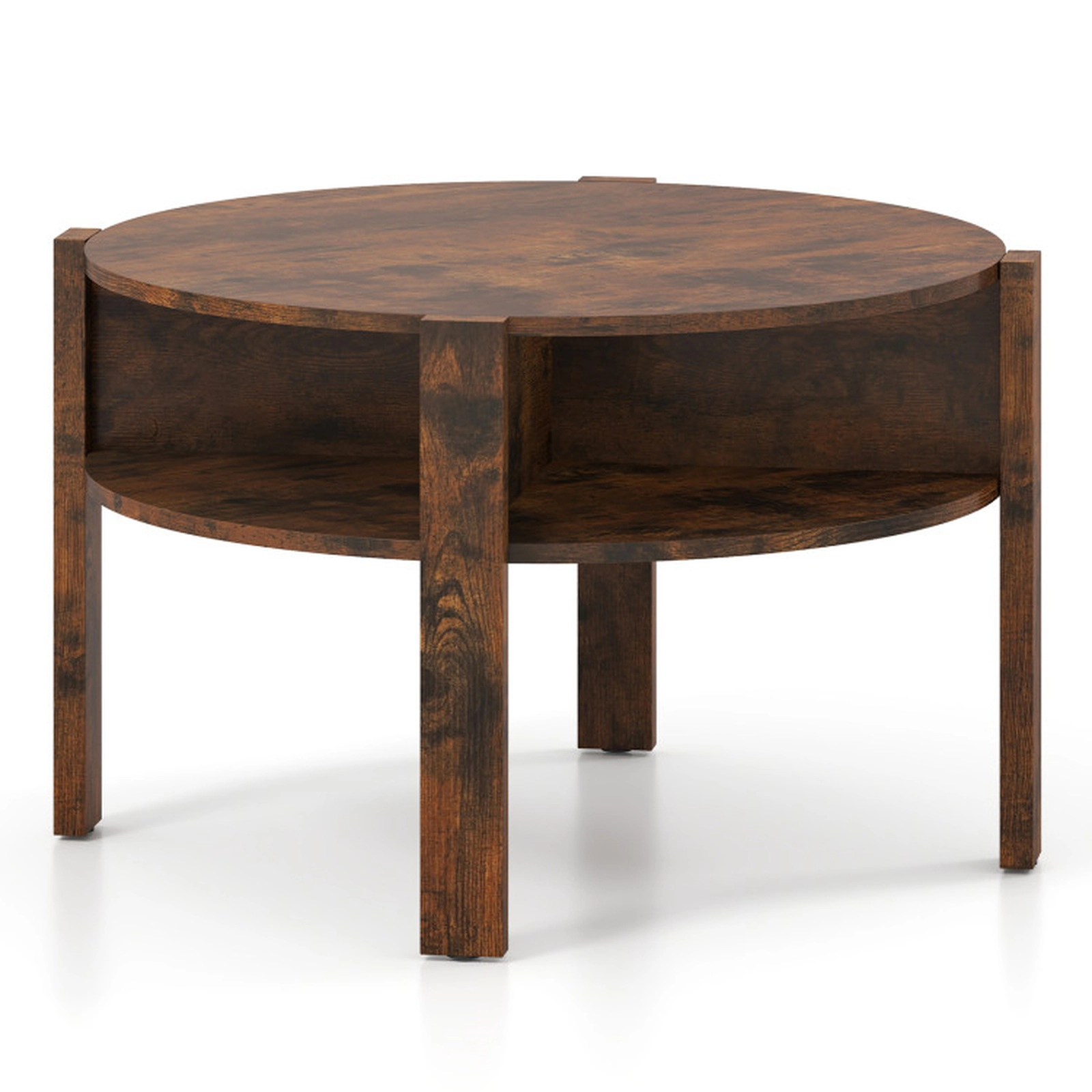 SUGIFT Round 27.5-in Top Side Storage Shelves Wood Coffee Table 29.5-in x 18-in 135-lb Capacity Rustic Brown