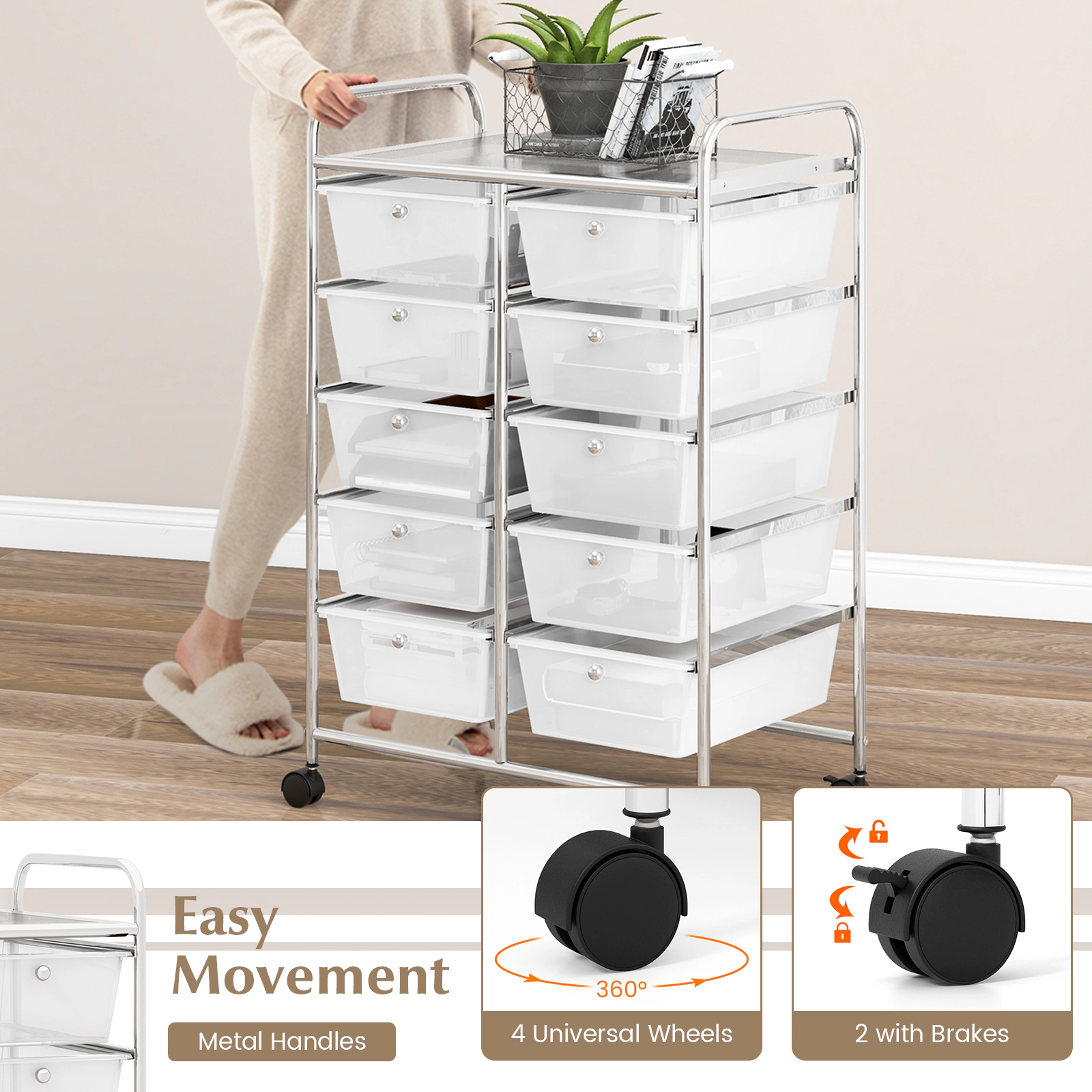 SUGIFT 10-Drawer Rolling Storage Cart with Mesh Top Platform 26-in Wide Frame 22-lb Top Capacity Transparent Drawers