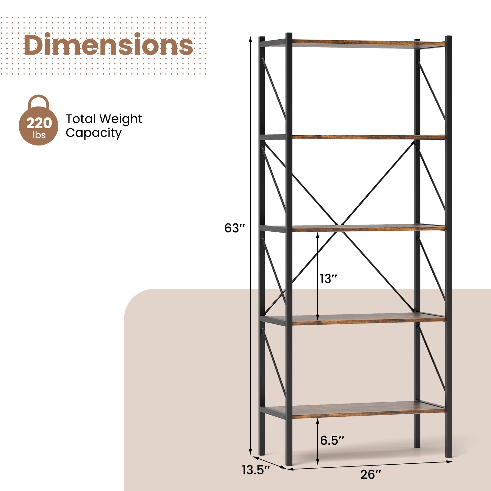 SUGIFT Rustic Brown 5-Tier Bookshelf 63 in with Heavy-Duty Metal Frame
