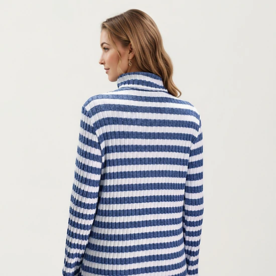 Anna-Kaci Women's Striped Ribbed Turtleneck Tunic Length Relaxed Fit Long Sleeve Pullover Top