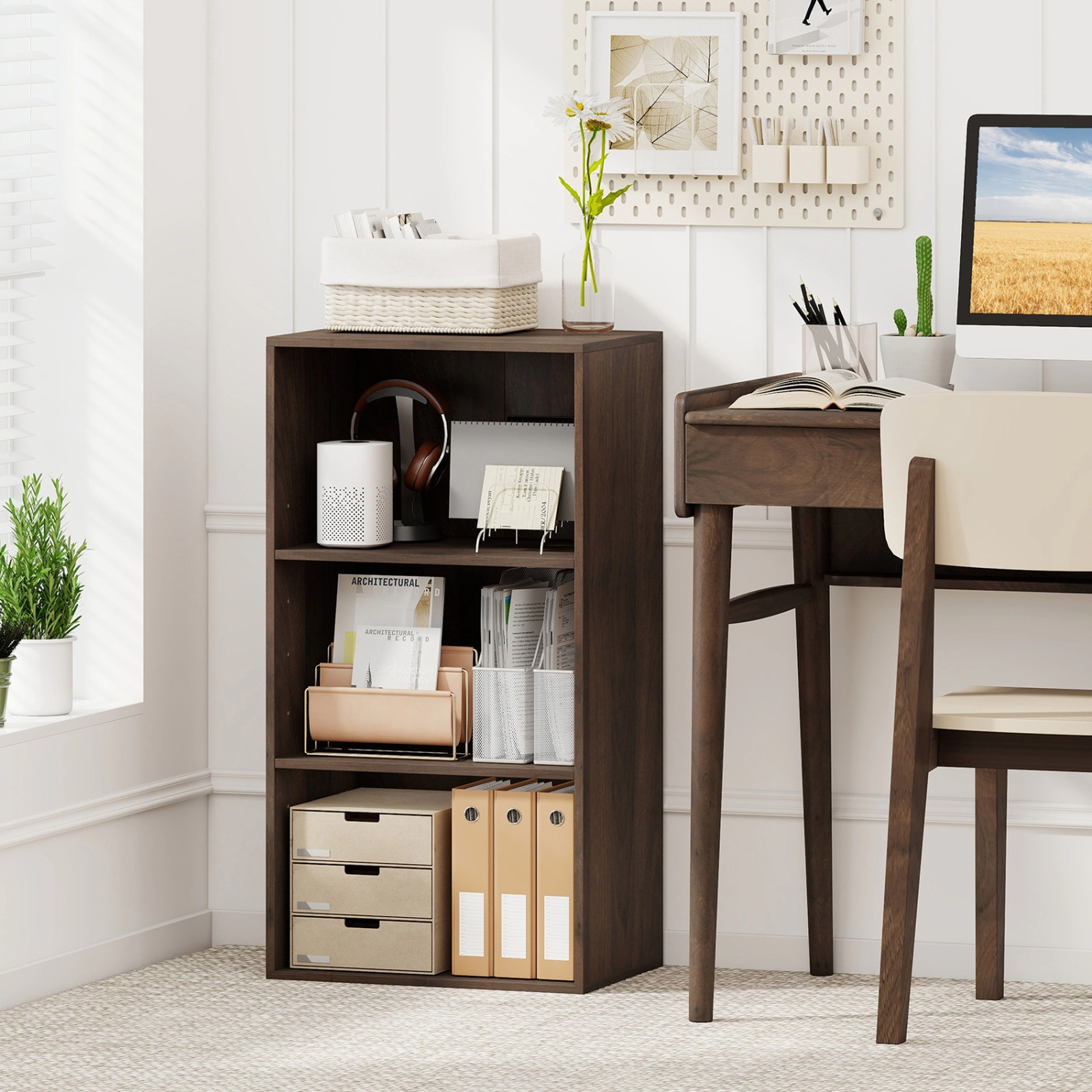 SUGIFT 3-Tier Rustic Brown 31-in Tall Small Open Bookshelf with 2 Adjustable Shelves and Anti-Tipping Kits
