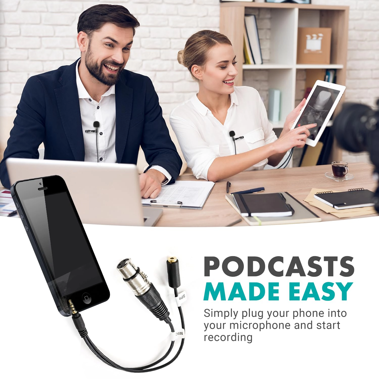 Movo TCB2 XLR Microphone to TRRS Smartphone Adapter with Headphone Jack