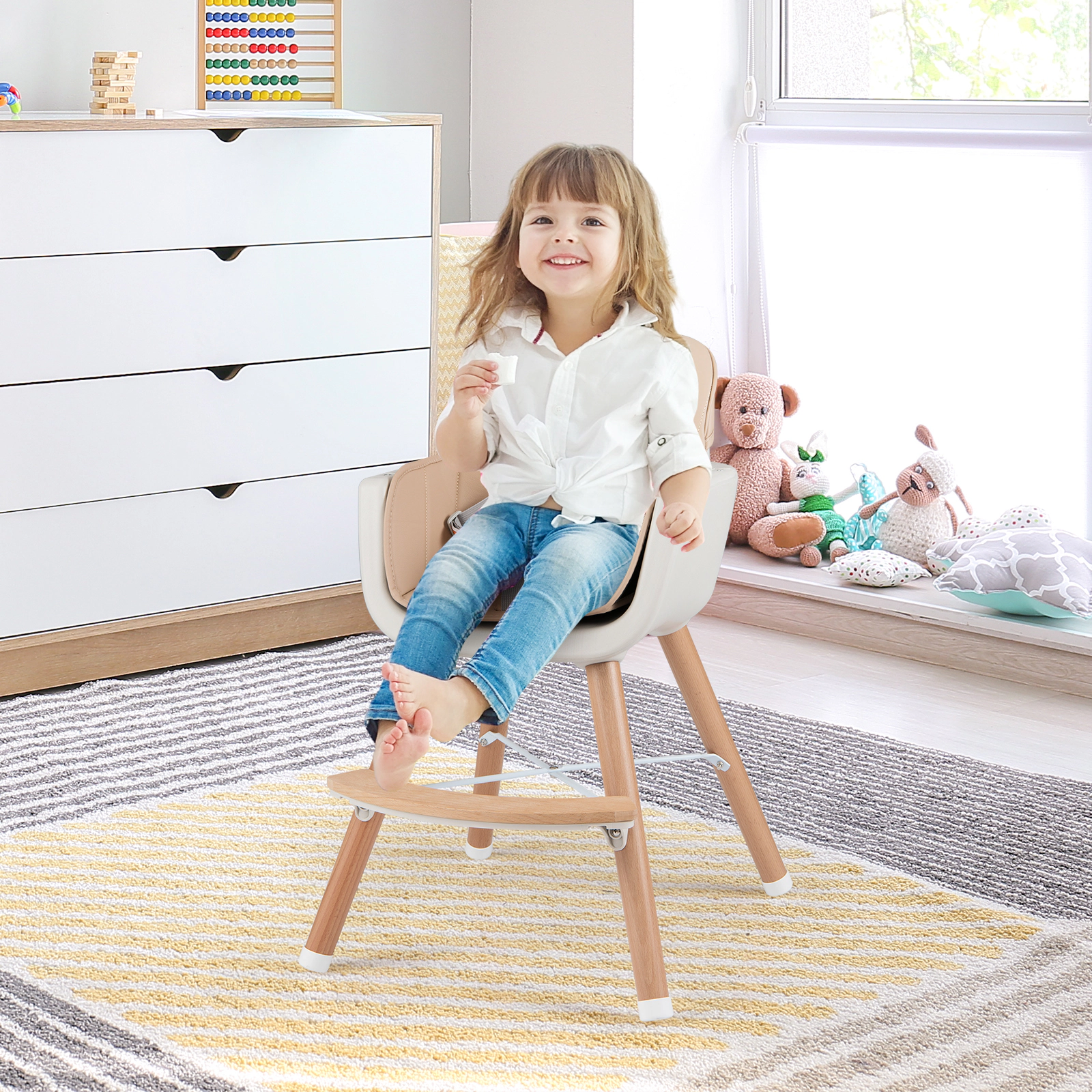 6-in-1 Convertible Wooden Highchair for Toddlers Adjustable Legs 3-Position Tray PU Leather Cushion Light Brown