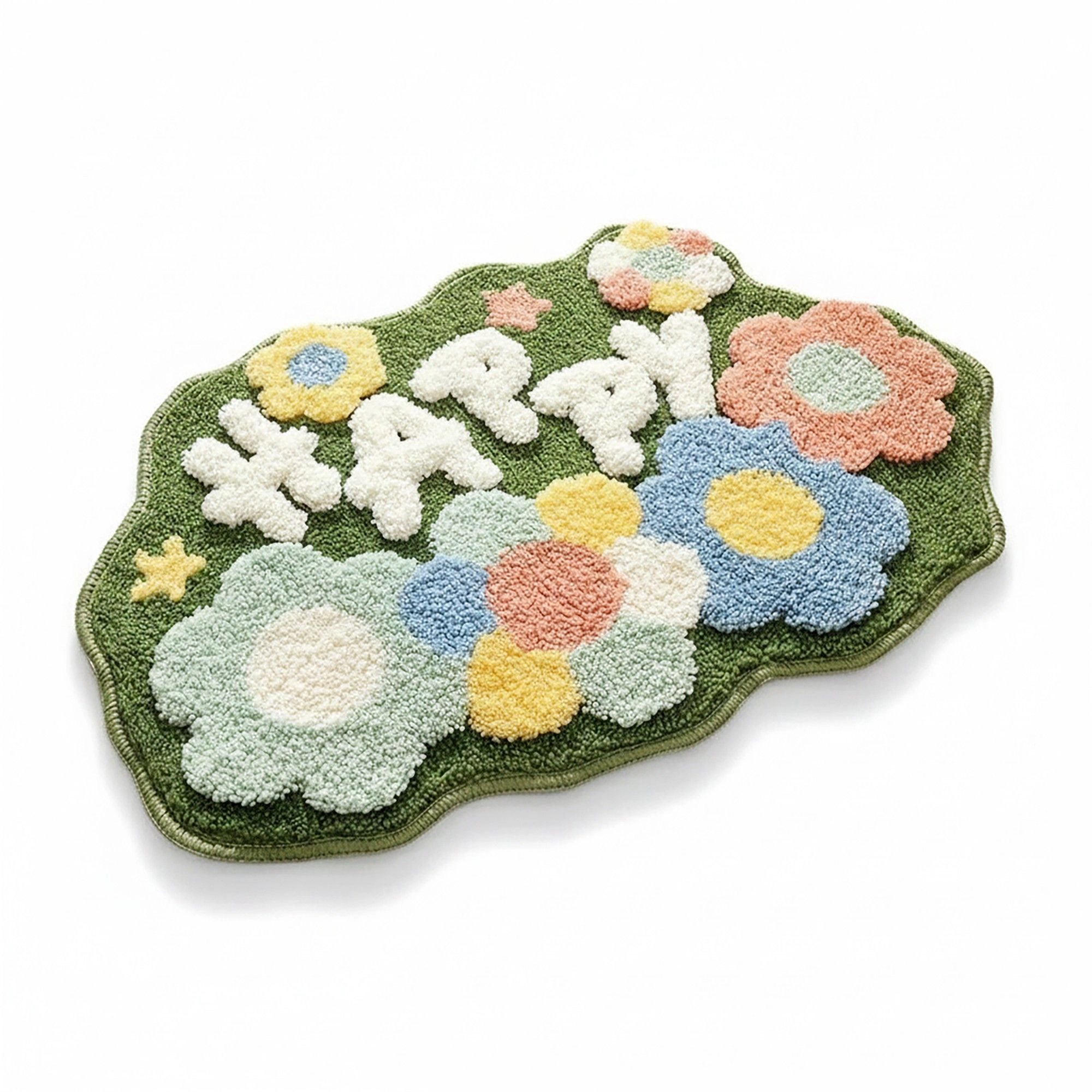 Alilang Unisex Tufted Floor Mat with Happy Text and Floral Pattern Non Slip Backing Soft Plush Decorative Scalloped Edge