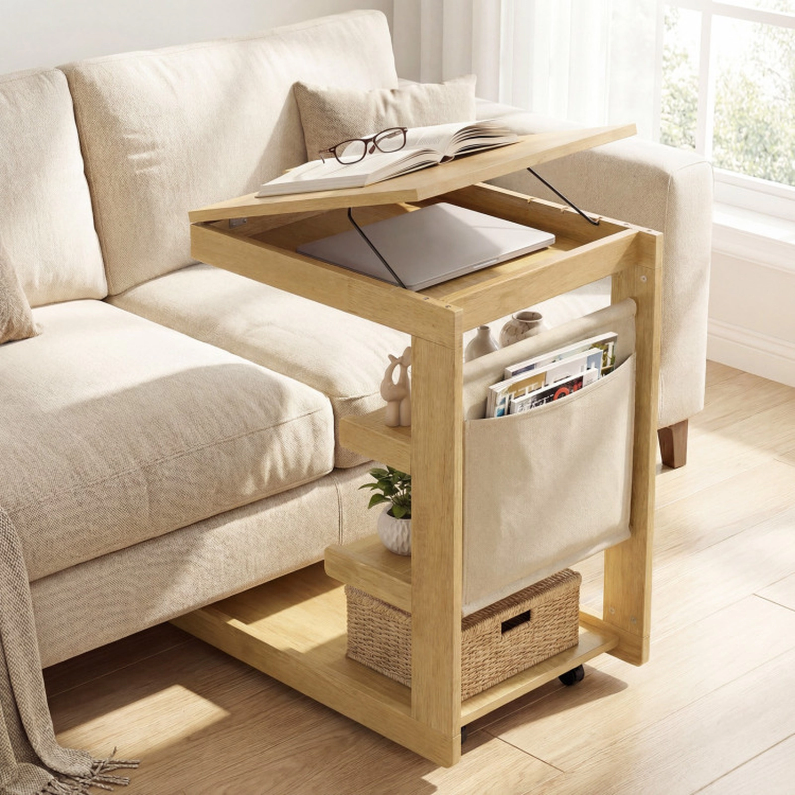 SUGIFT Adjustable Desktop C-Shaped End Table with Hidden Storage 210-lb Capacity Rolling Side Table Natural Brown White