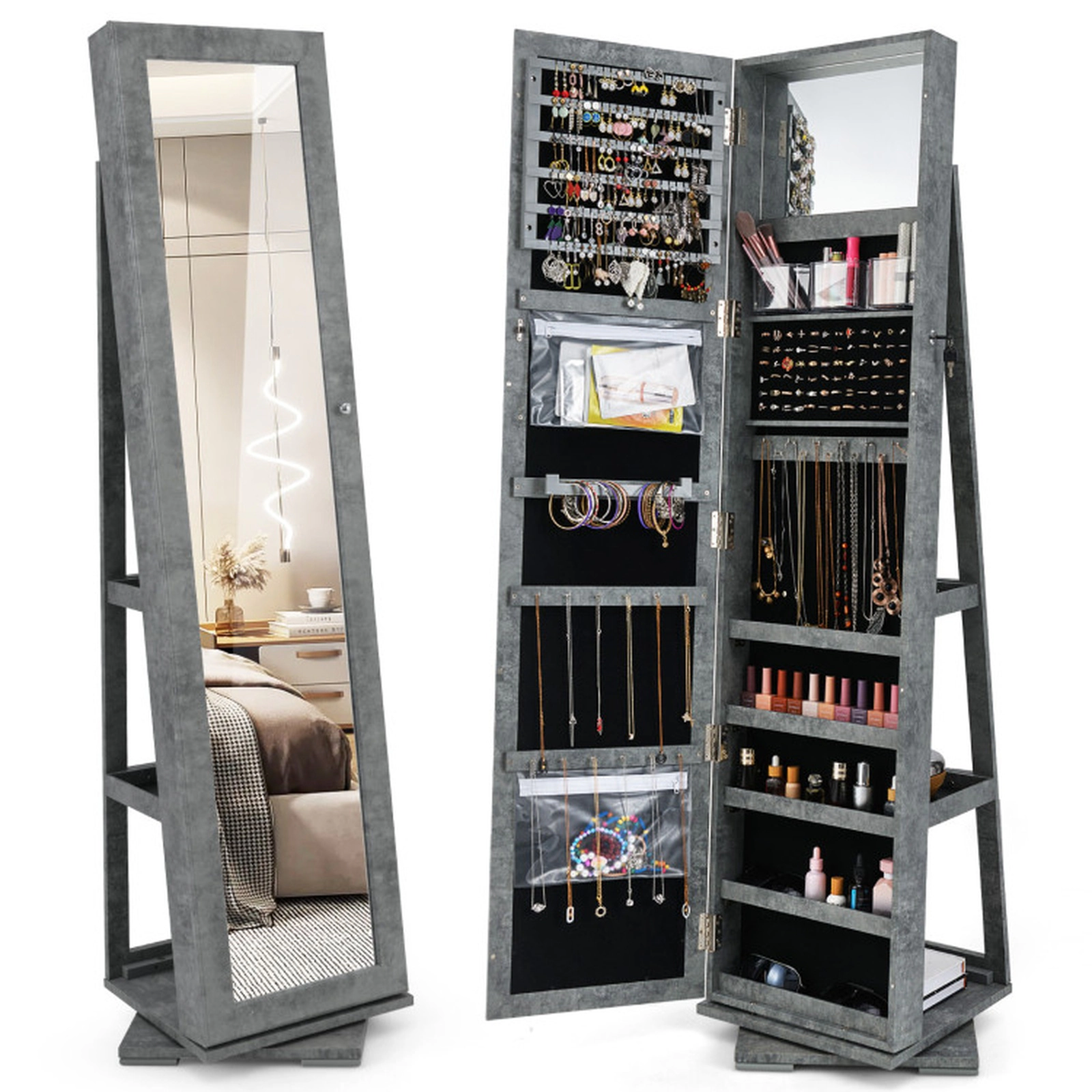 SUGIFT 360° Rotatable 2-in-1 Lockable Jewelry Cabinet Full-Length 11 x 57 in Mirror 63.5-in Tall 48-lb Net Weight Green