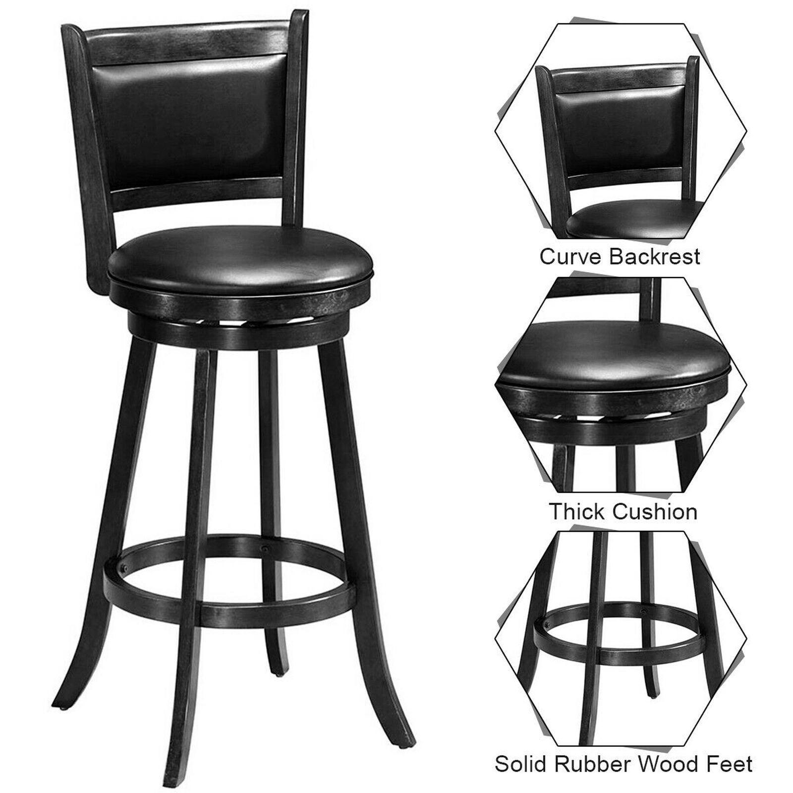 SUGIFT Set of 2 Black 29-Inch Swivel Bar Stools with Panel Back and PVC Padded Seats