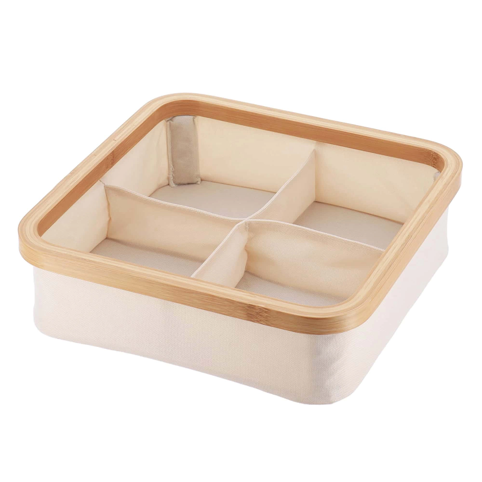Evideco French Home Goods Collapsible Square Organizer 12 x 12 x 4 in - Bamboo Frame, 4 Compartments