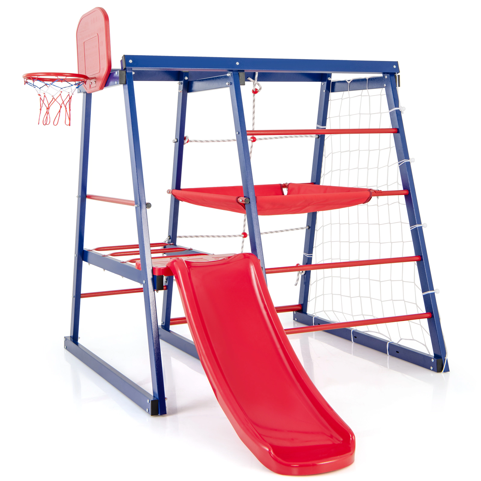 SUGIFT 7-in-1 Metal Toddler Climbing Playset with Slide and Fabric Platform 265-lb Capacity for Ages 3-7 Red Blue