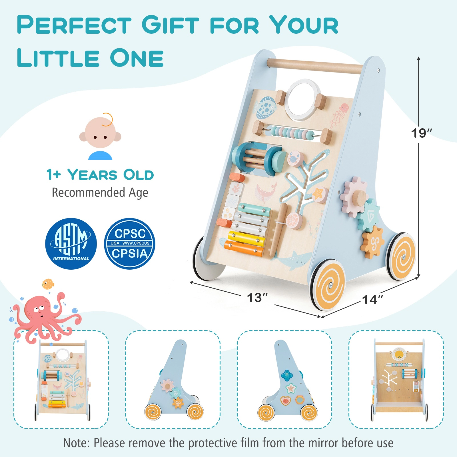 SUGIFT Blue Wheels Wooden Baby Walker 8-in-1 Push and Pull Learning Activity Center