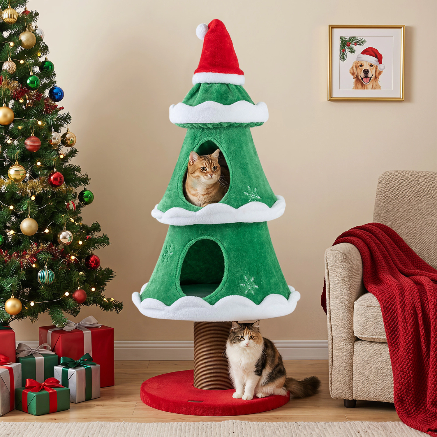 LJG 51" Christmas Cat Tree with 2 Cozy Condos and Scratching Post for Pets