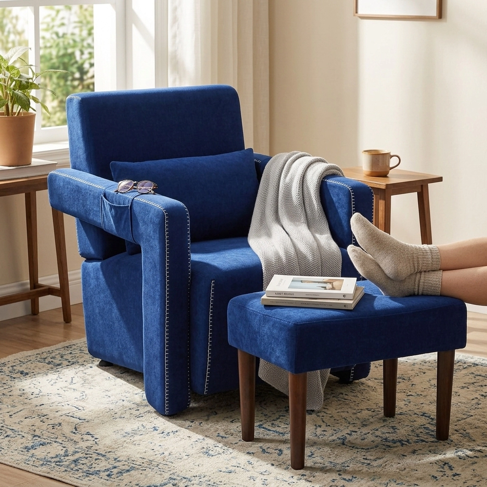 SUGIFT Berber Fleece Accent Chair and Ottoman Set, Deep Sapphire Blue