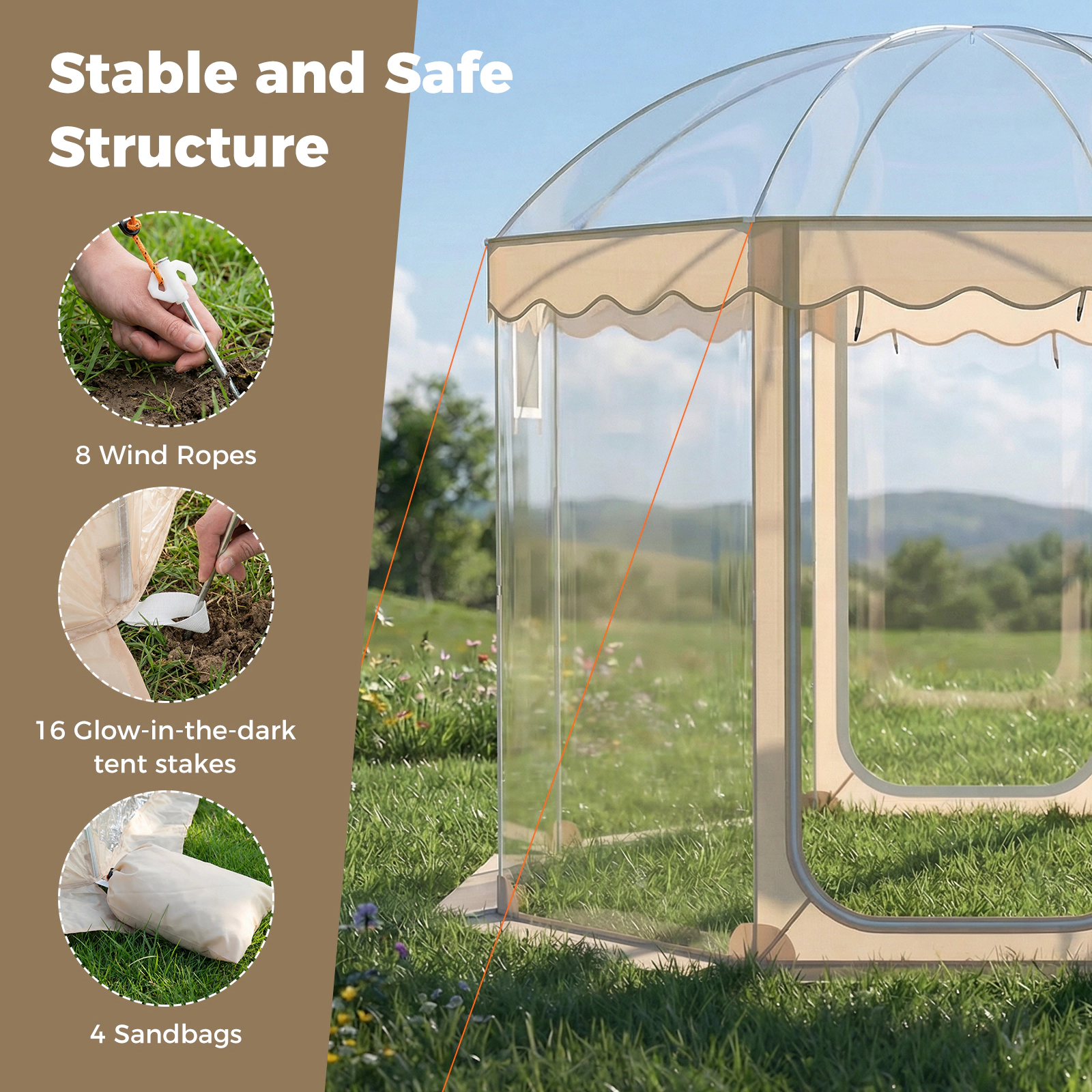 SUGIFT Pop Up 10 x 10FT Bubble Tent Weatherproof Outdoor Pod with 540° Panoramic Clear PVC for 8-10 People Transparent