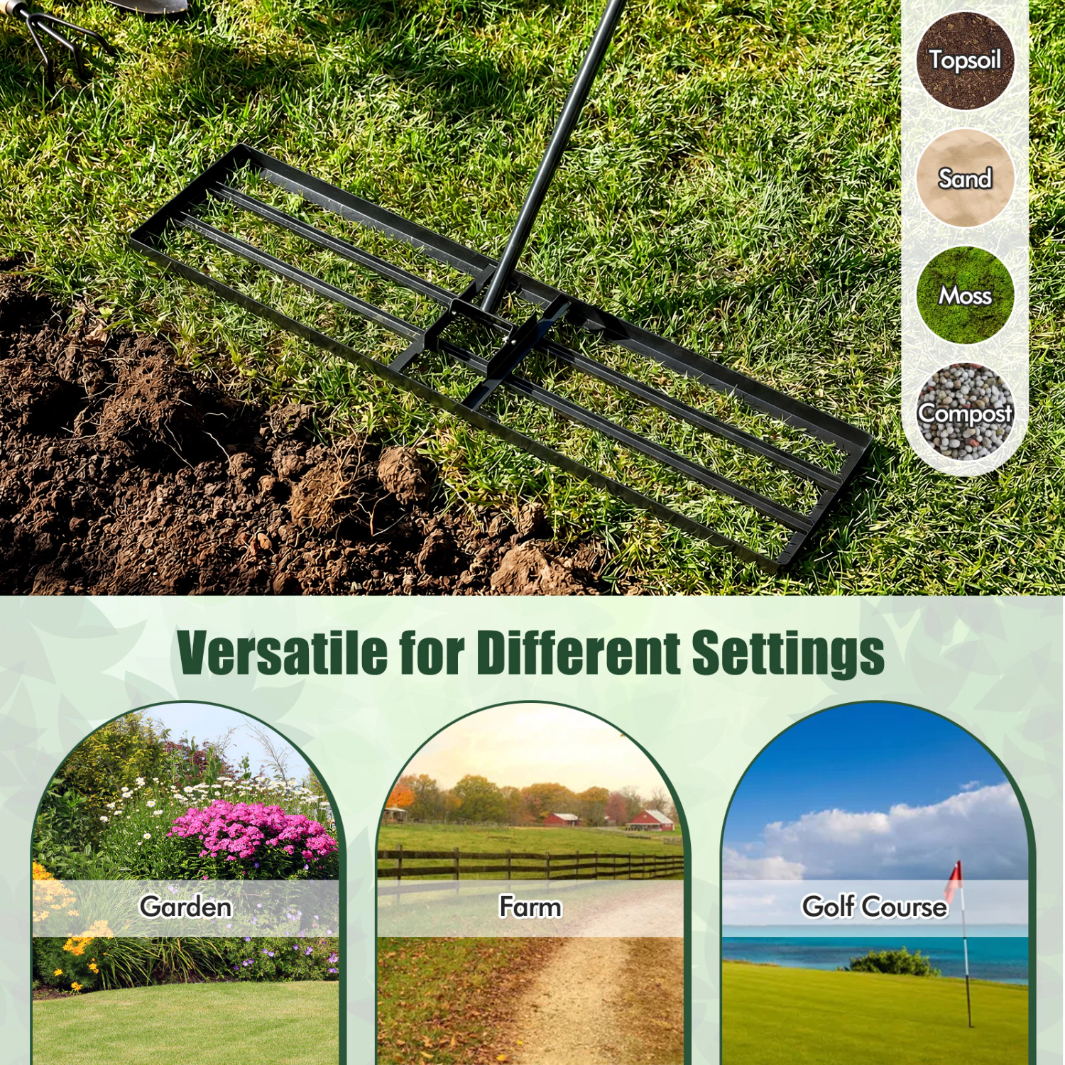 LJG x 10 Inch Lawn Leveling Rake with Ergonomic Handle