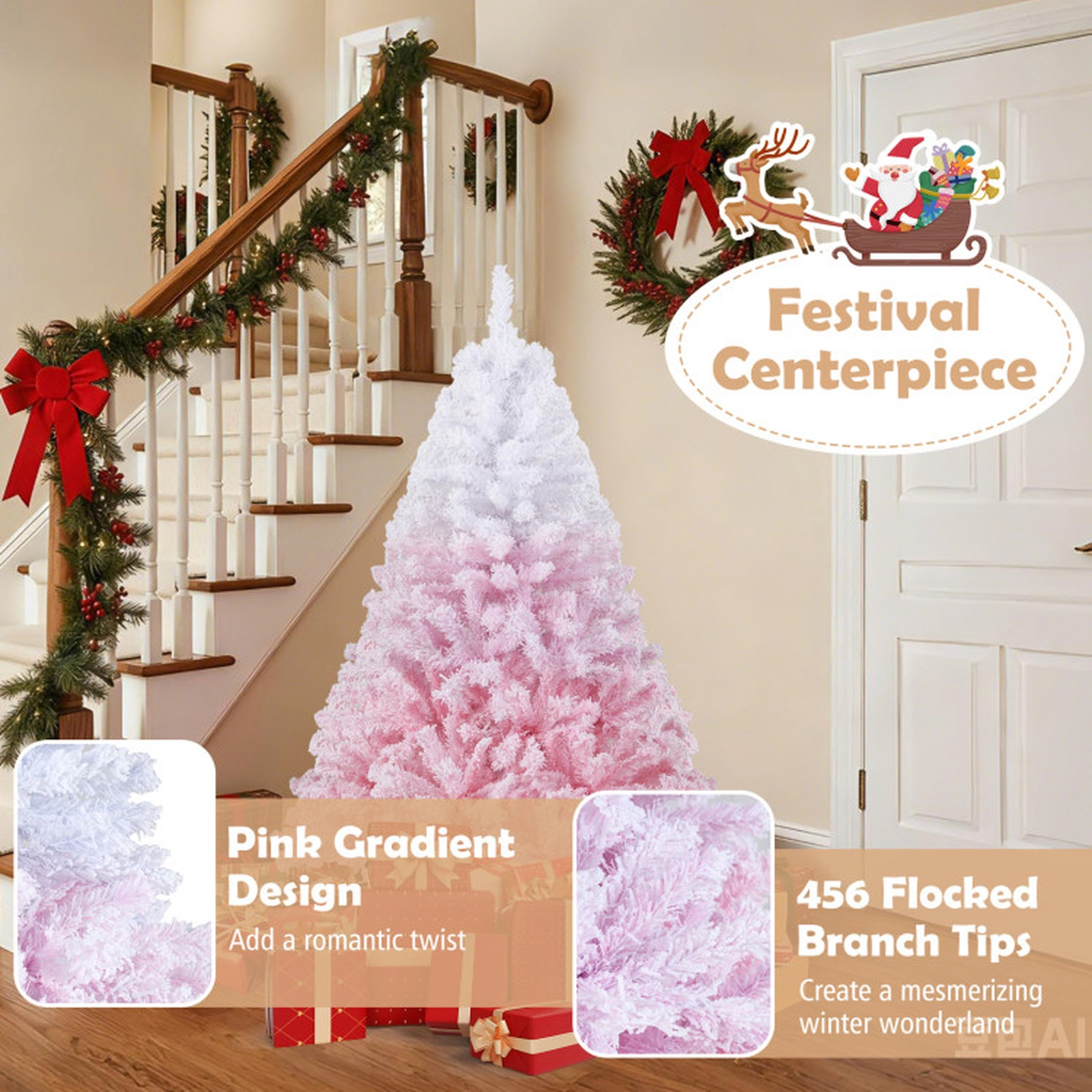 SUGIFT 5-ft Snow Flocked Gradient Hinged Artificial Christmas Tree 456 Tips 180 Warm White LEDs 16-in Stand Pink